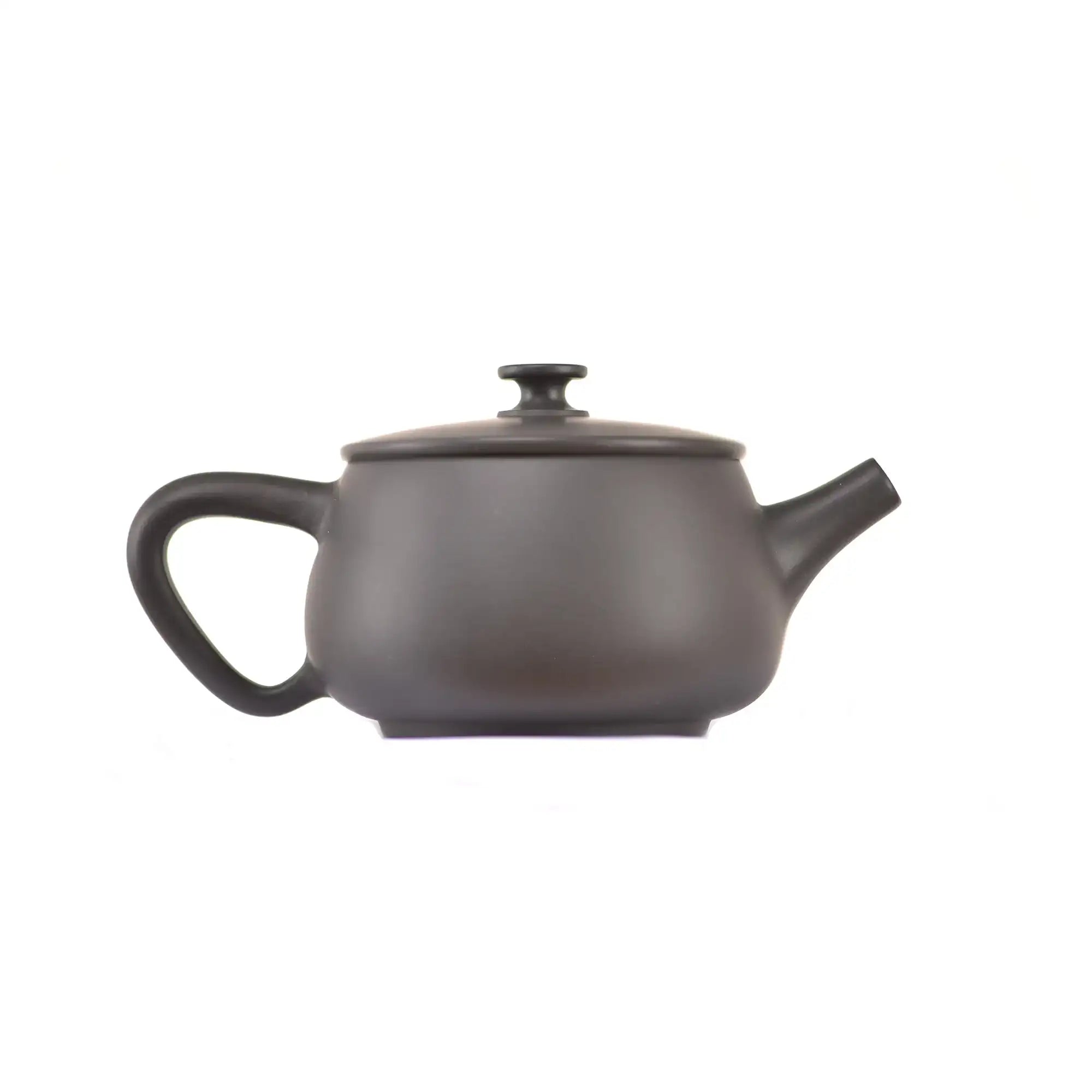 Side view of clay teapot No.2 featuring a minimalist smooth body and gold waistline detail