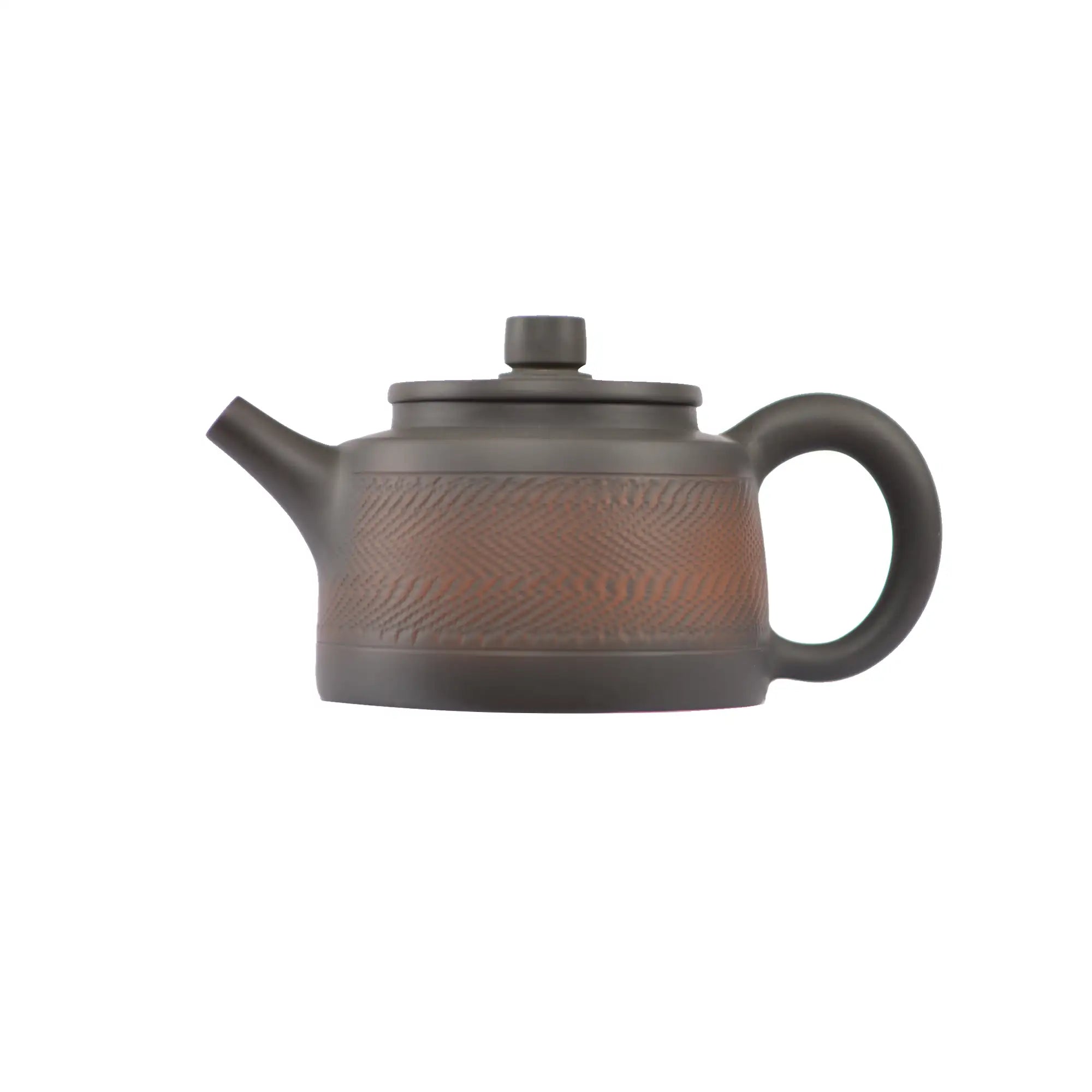 Side view of clay teapot No.11 showing handcrafted jumping knife texture
