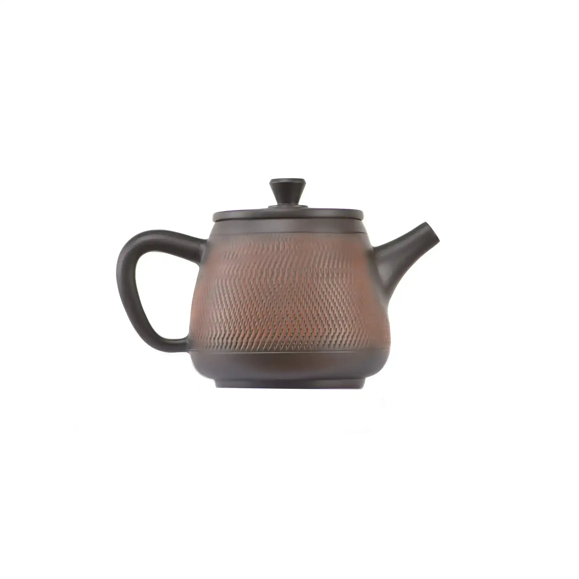 Alternate side view of clay teapot No.12 with textured jumping knife pattern
