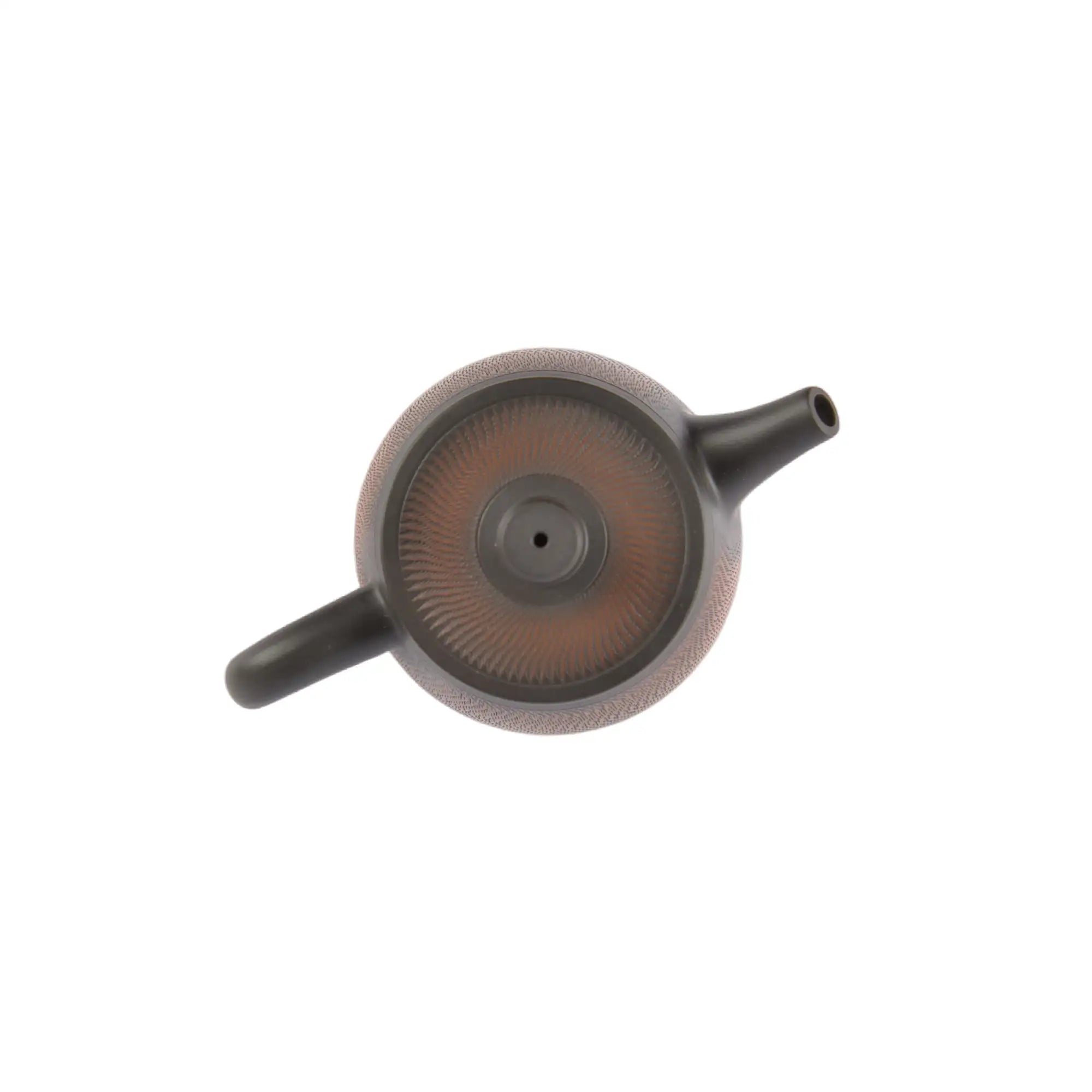 Top view of clay teapot No.12 highlighting lid shape and jumping knife texture