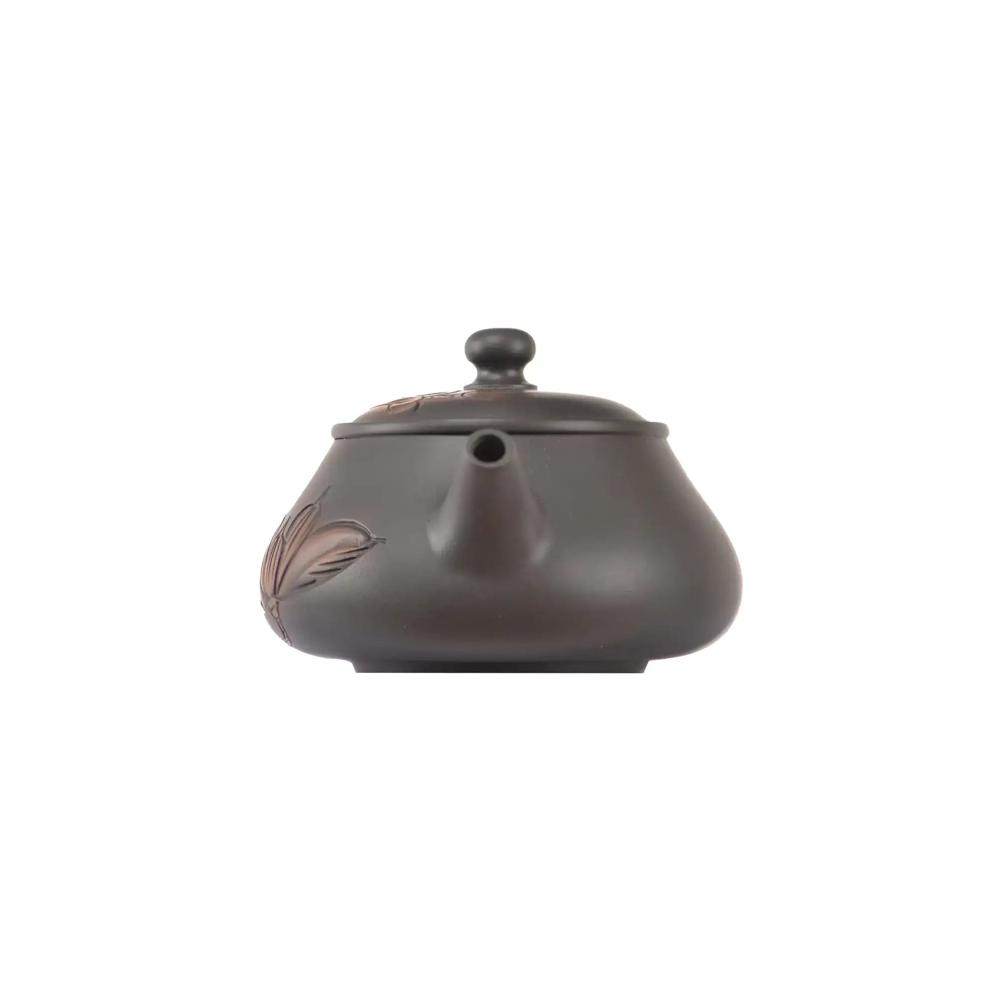 Clay teapot No.5 showing lotus carving and natural clay texture