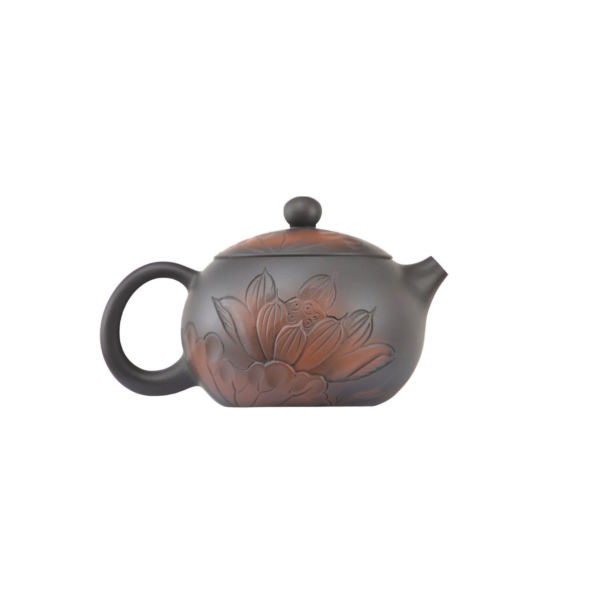 Body detail of clay teapot No.7 featuring lotus carved design and natural clay texture