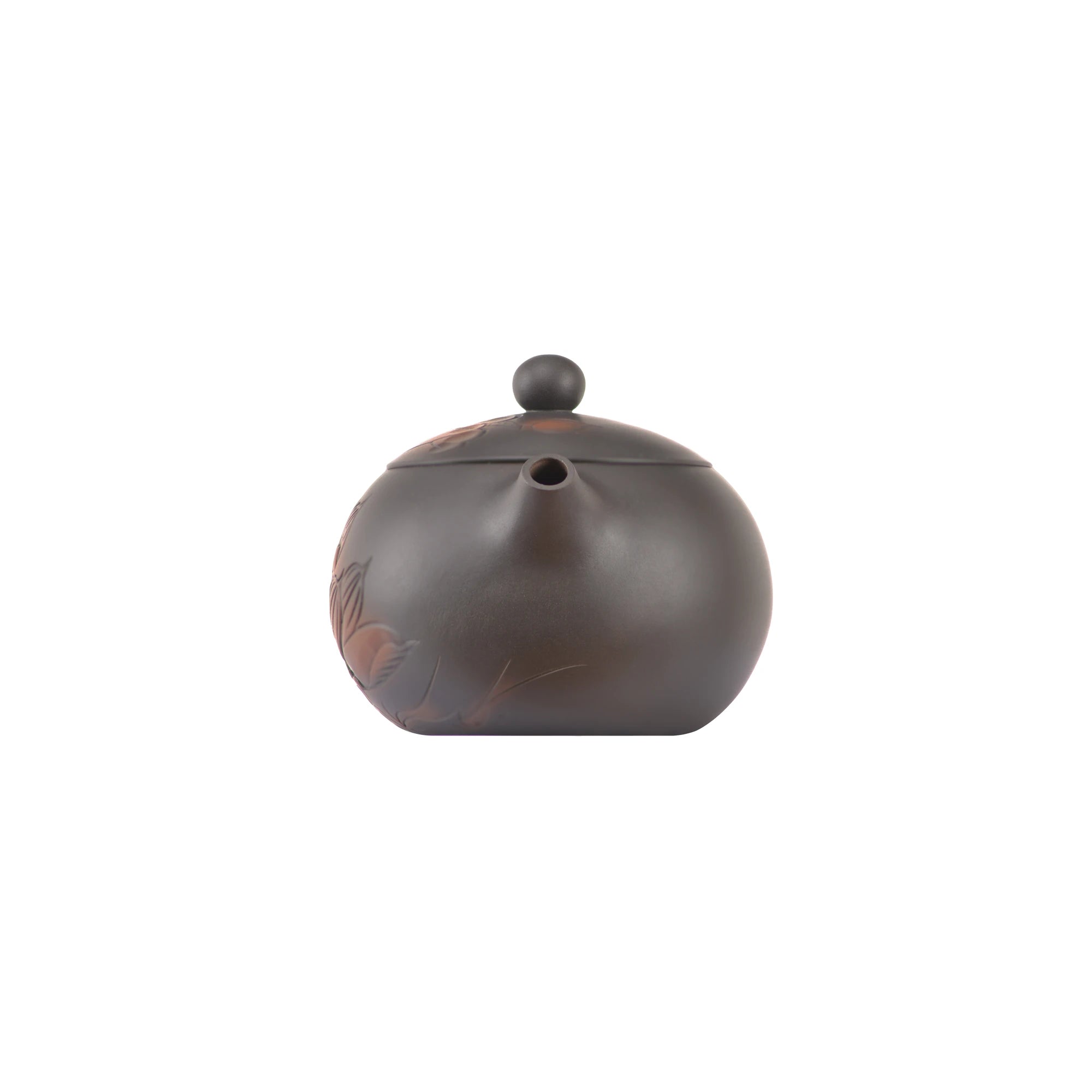 Front view of handcrafted clay teapot No.7 featuring lotus carved detailing and traditional rounded shape