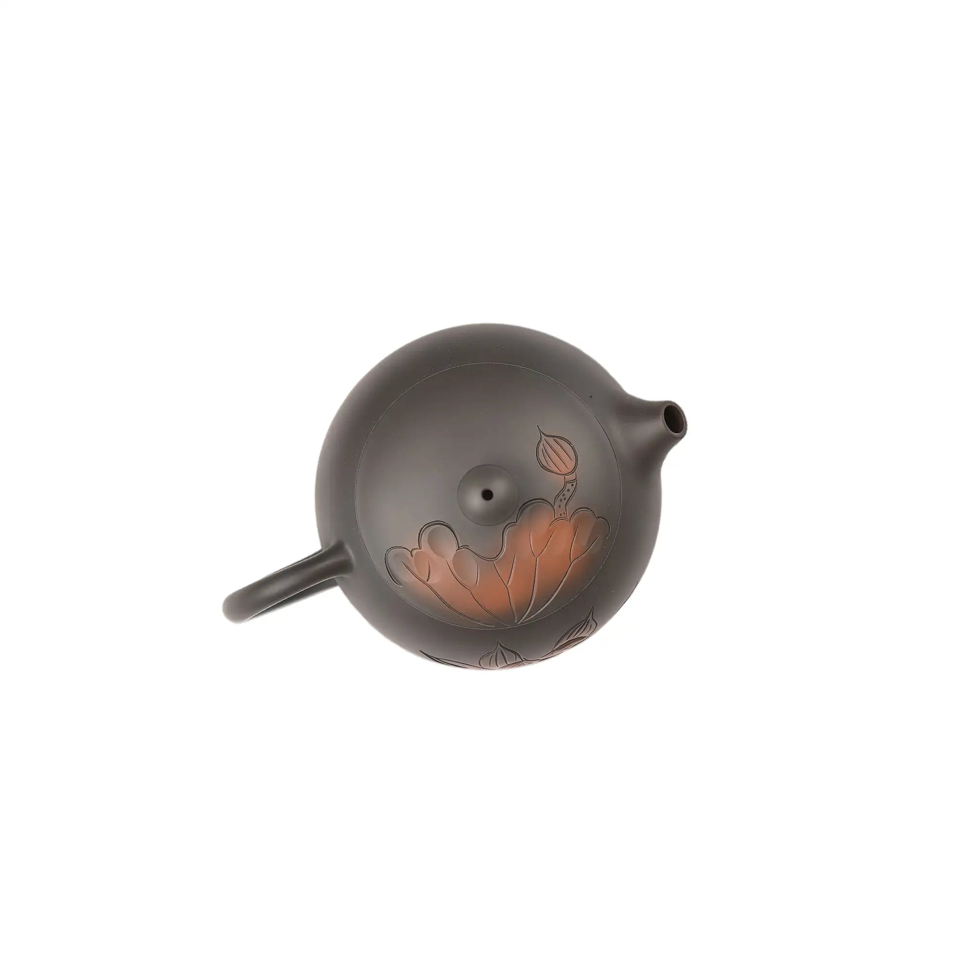 Top view of clay i teapot No.7 highlighting lid shape and lotus carved design