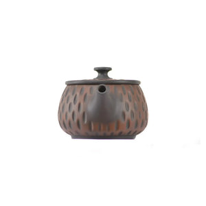 Handcrafted clay teapot No.13 featuring a meteor pattern and unglazed finish