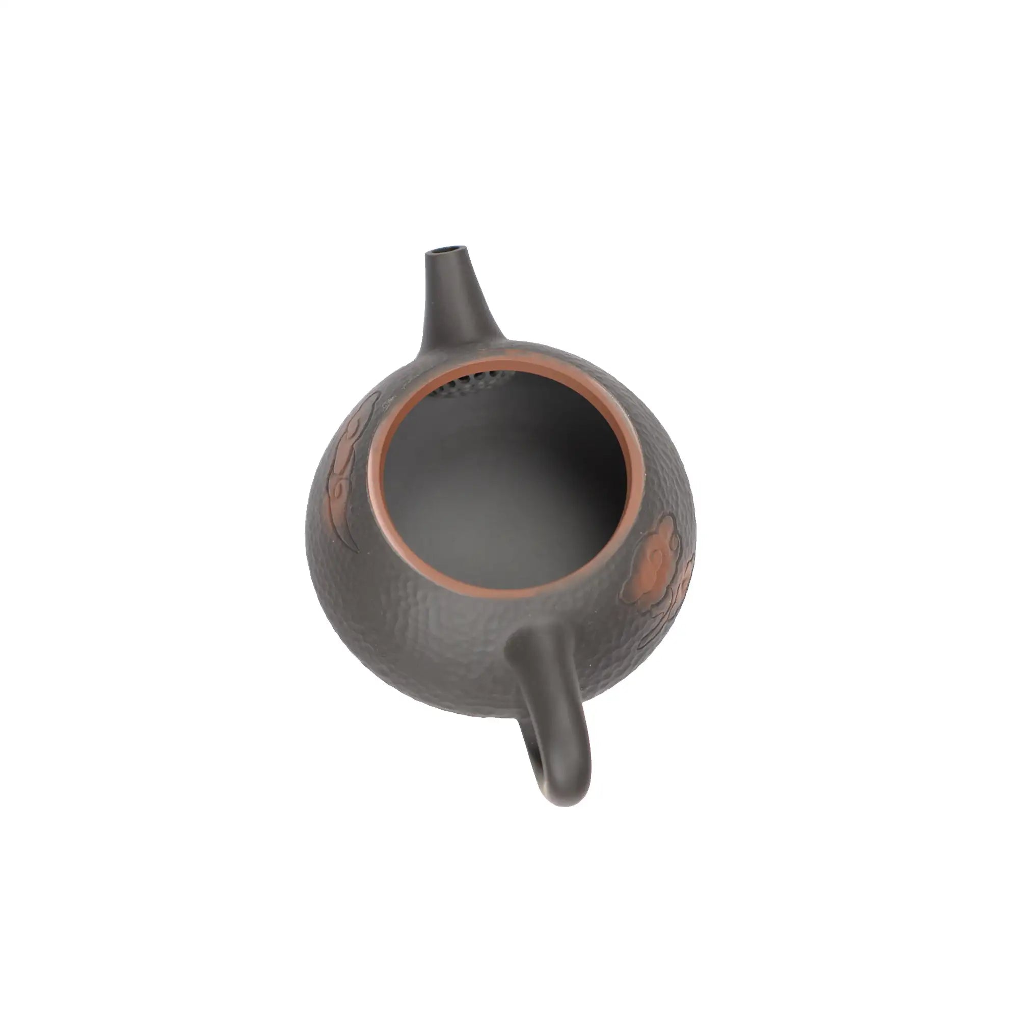 Open view of clay teapot No.14 showing natural clay interior and pouring structure