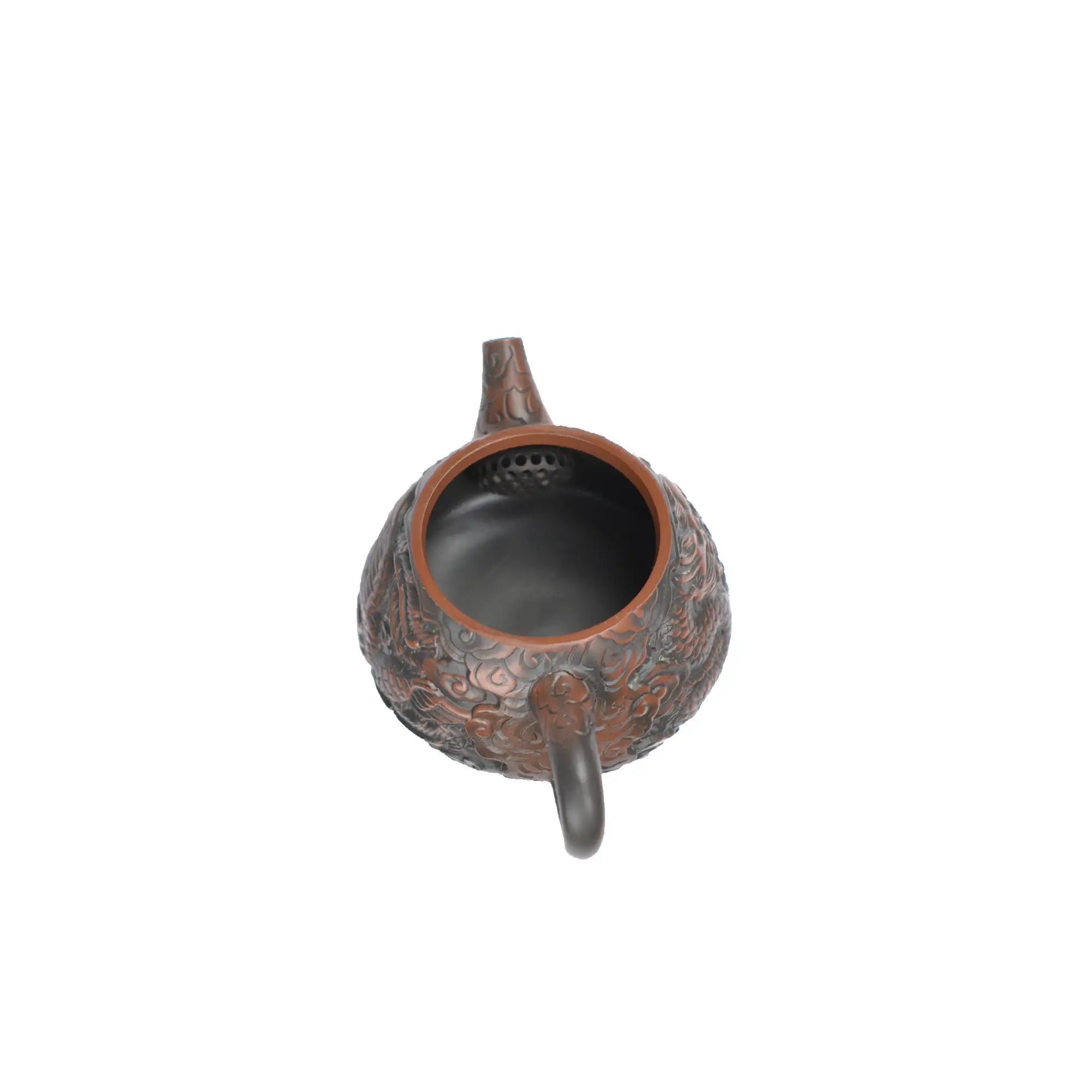 Open view of handcrafted clay teapot No.32 showing natural clay interior