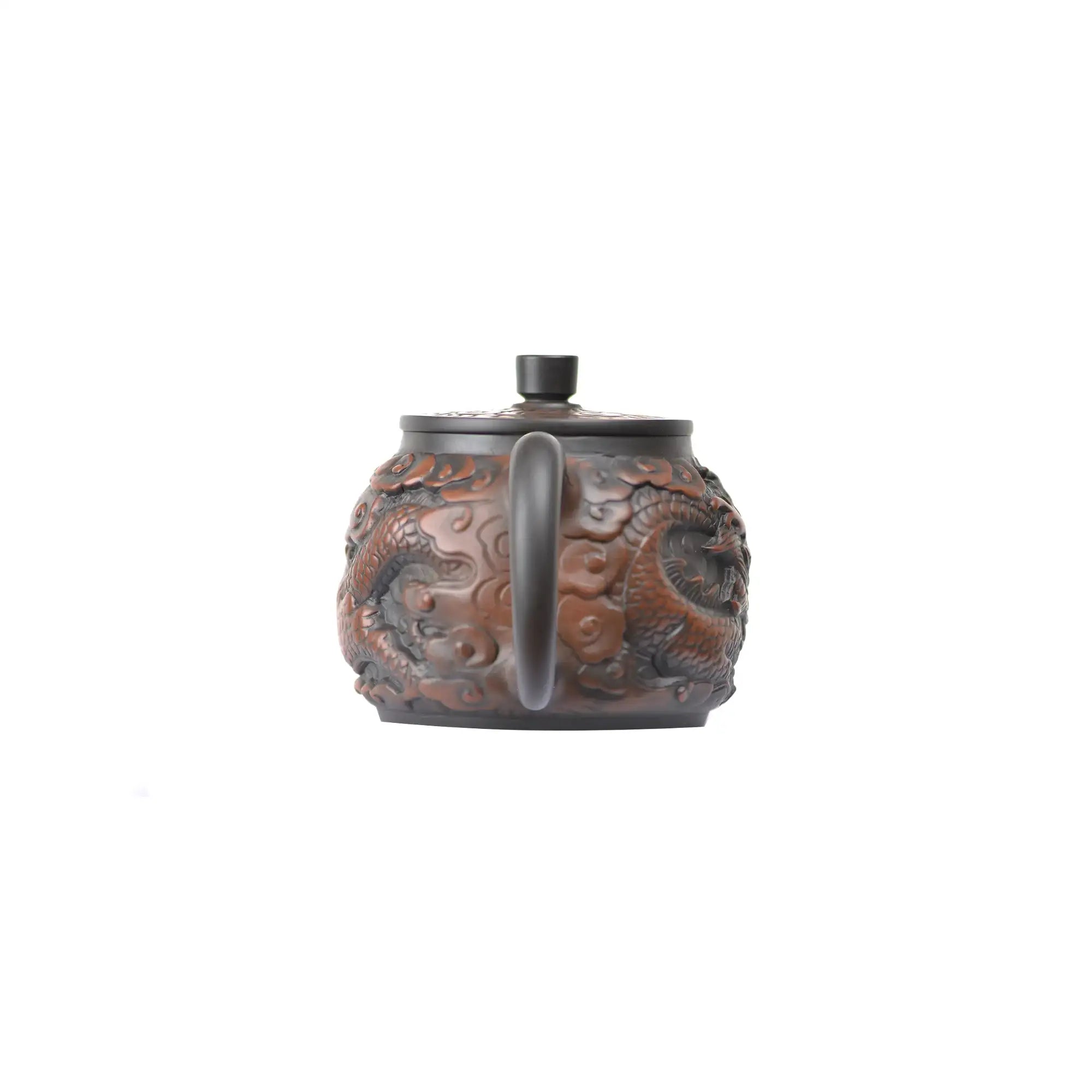 Back view of PorSva No.33 Hanwa dragon clay teapot featuring sculpted dragon body details