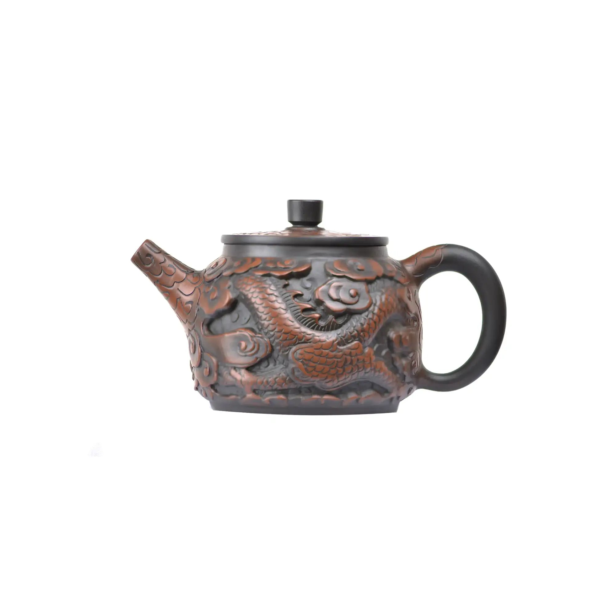 Left side view of PorSva No.33 Hanwa dragon clay teapot highlighting intricate hand-carved dragon scales