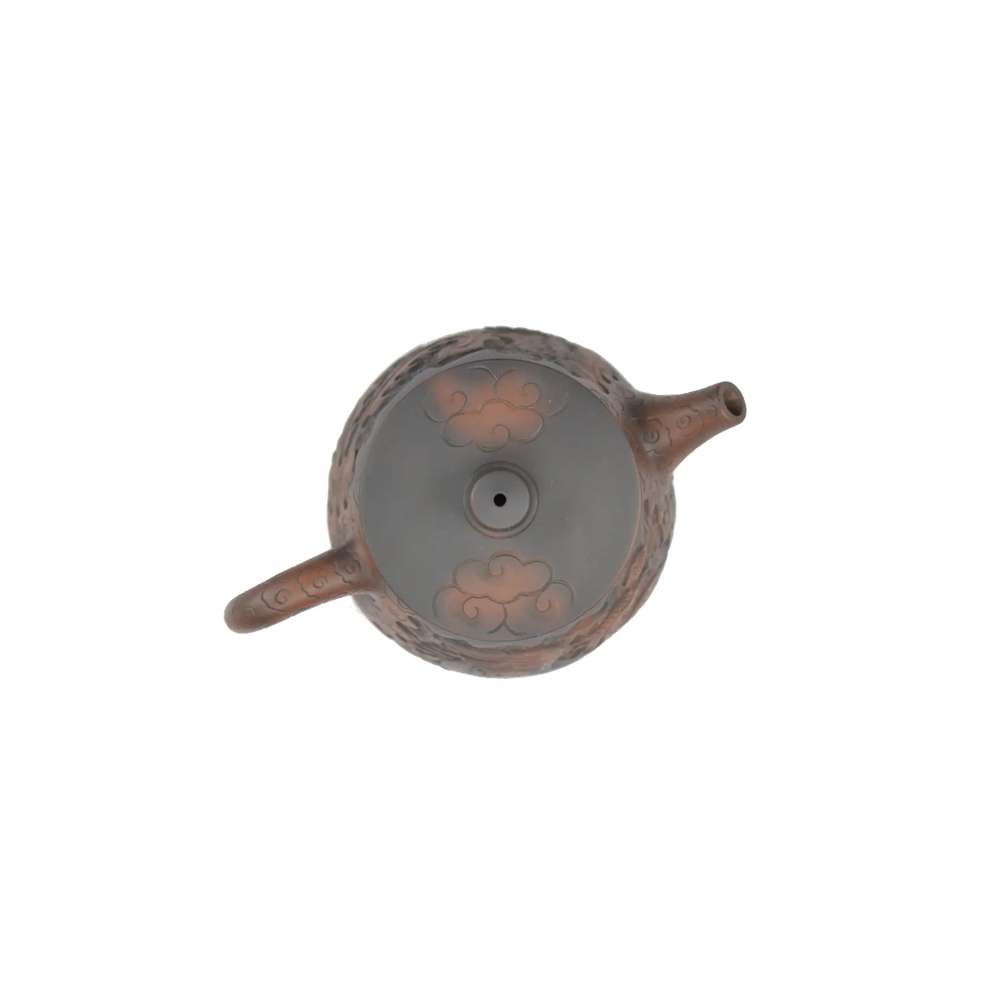 Top view of PorSva No.34 Shipiao phoenix clay teapot showing carved lid and sculptural craftsmanship