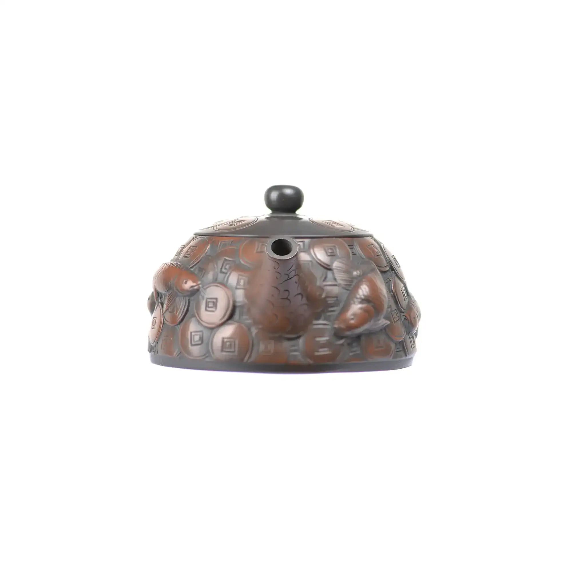 Front view of PorSva No.35 Shipiao fully carved coin and fish clay teapot