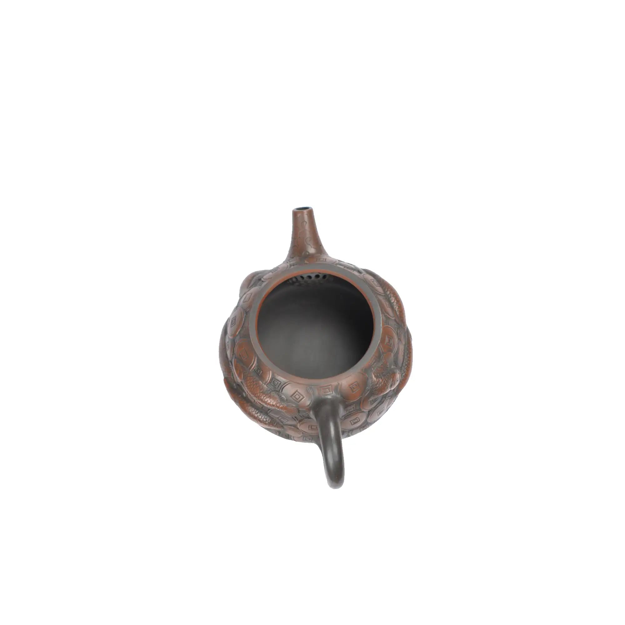 Interior view of PorSva No.35 Shipiao clay teapot displaying natural clay surface and pouring structure