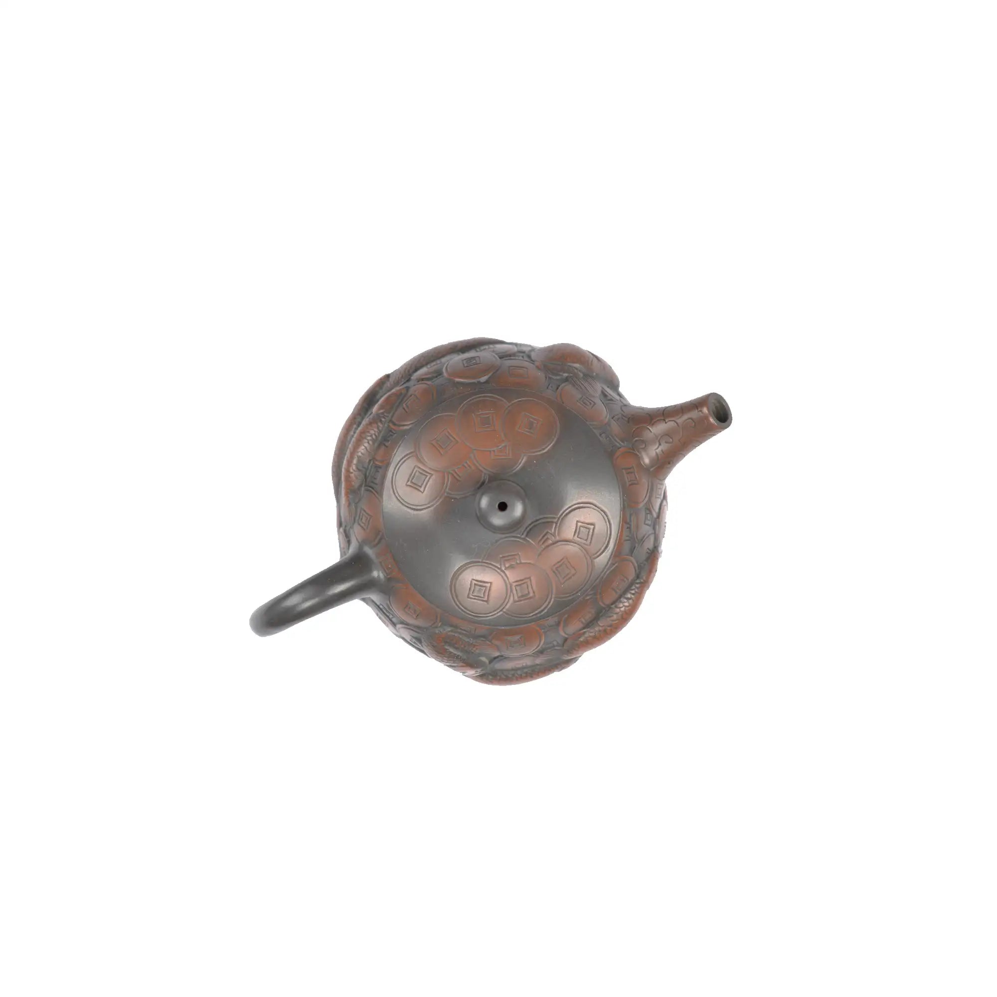 Top view of PorSva No.35 Shipiao coin and fish clay teapot showing carved lid and craftsmanship