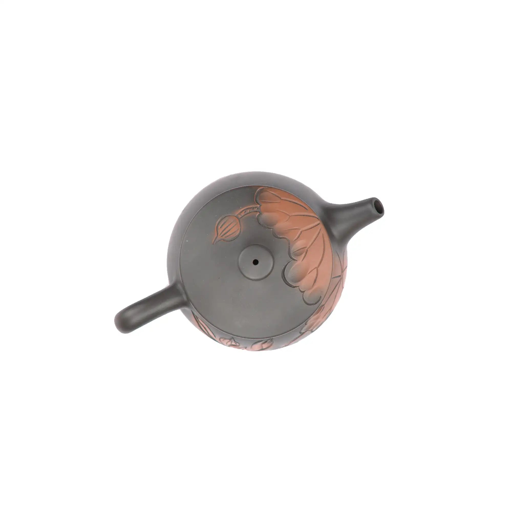 Top view of PorSva No.39 Hanwa lotus line-carved clay teapot showing lid structure
