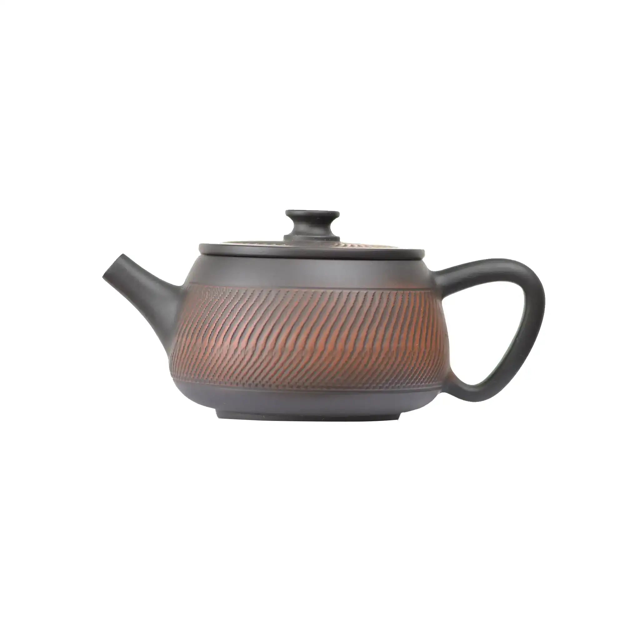 Left side view of PorSva No.40 Hanwa teapot showing traditional chattering-knife texture surface