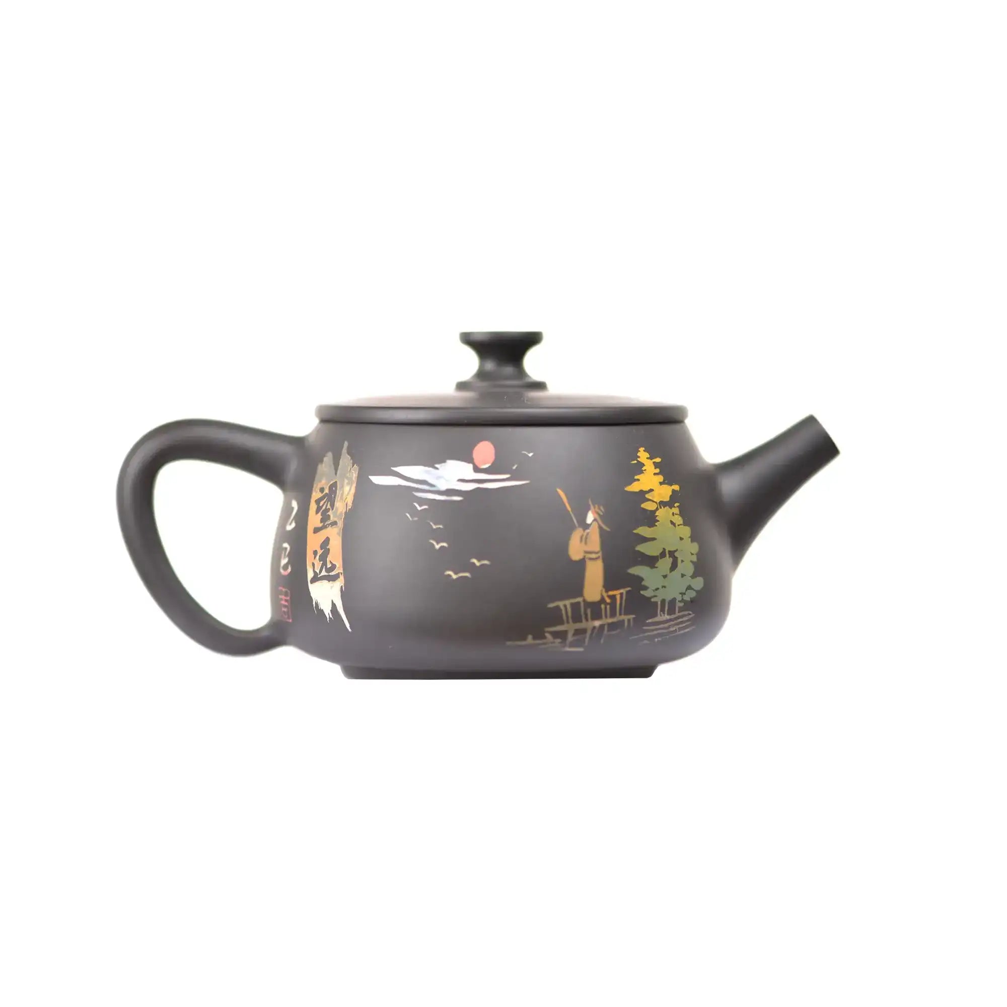 Right side view of PorSva No.41 Hanwa clay teapot showing detailed landscape carving craftsmanship