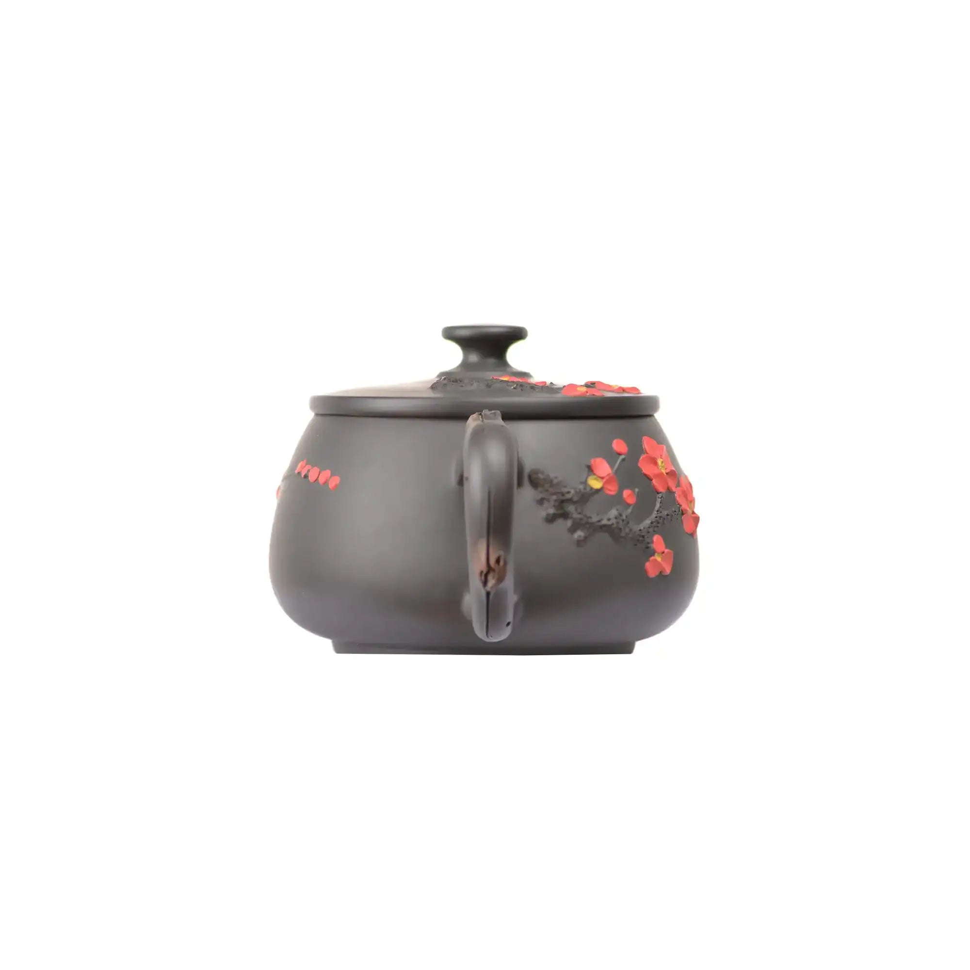 Back view of PorSva No.43 Hanwa plum blossom clay teapot showing natural clay texture