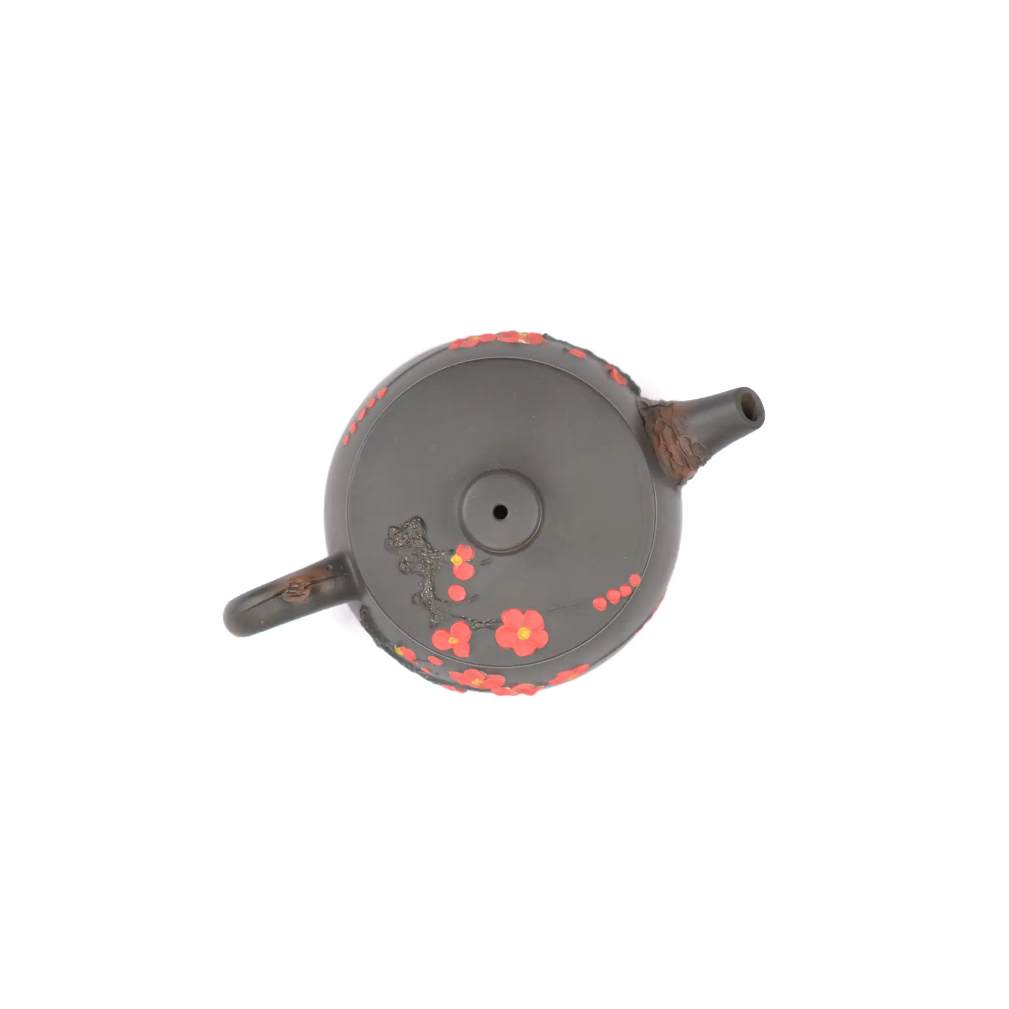Top view of PorSva No.43 Hanwa plum blossom clay teapot showing lid design and sculptural details