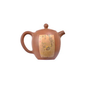 Right side view of PorSva No.49 red clay teapot showing landscape motif inspired by traditional calligraphy scroll