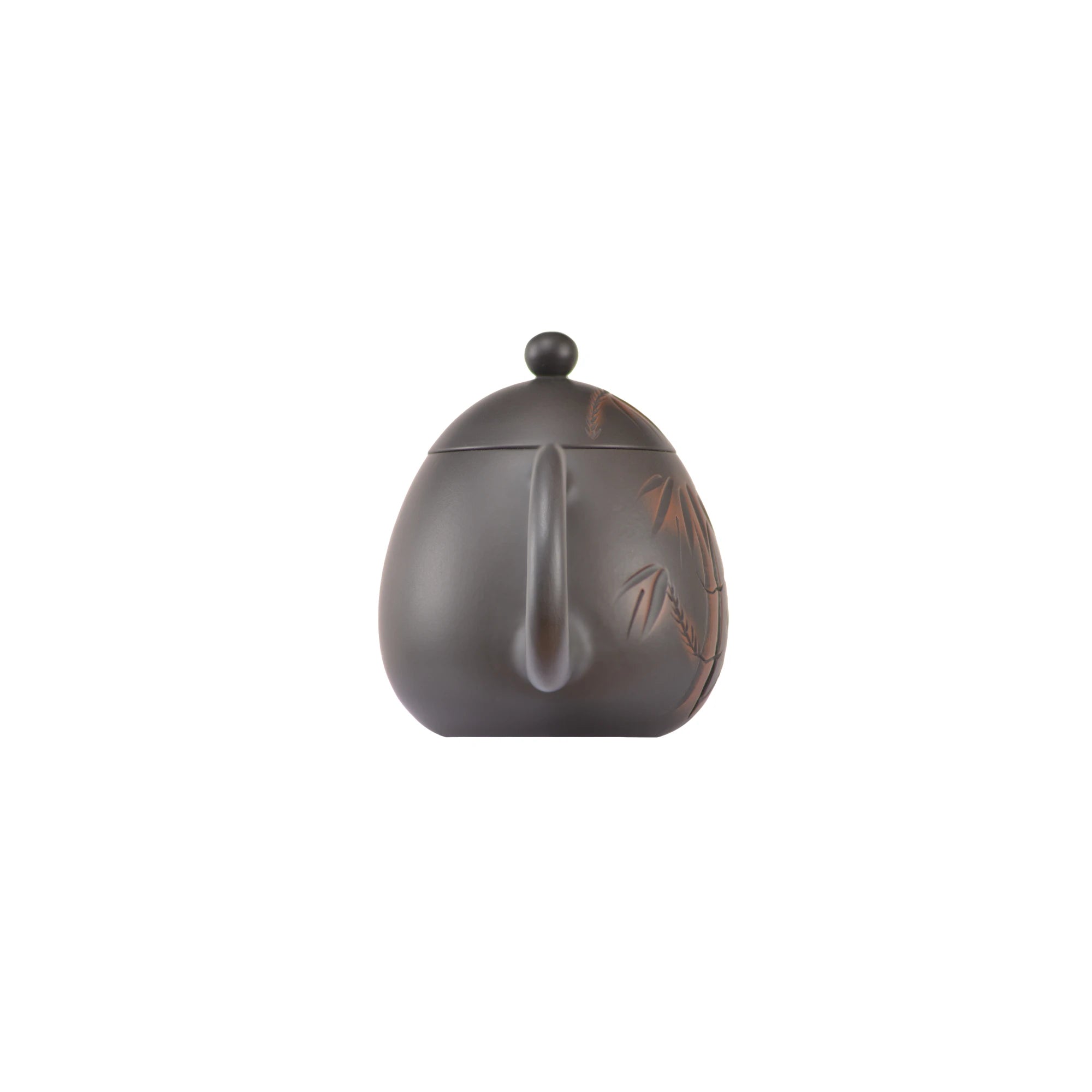 Back view of handcrafted clay teapot No.6 with hand-carved bamboo motif