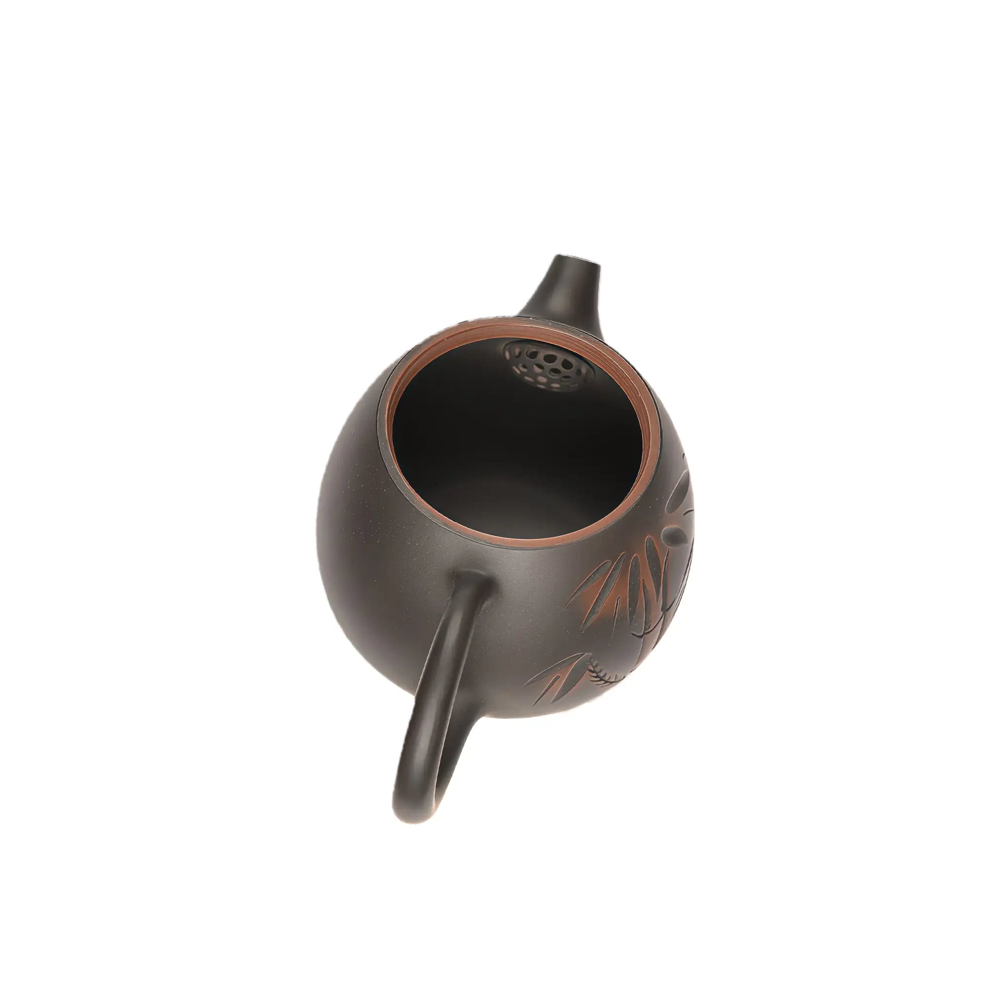 Open view of clay teapot No.6 showing natural clay interior and pouring structure