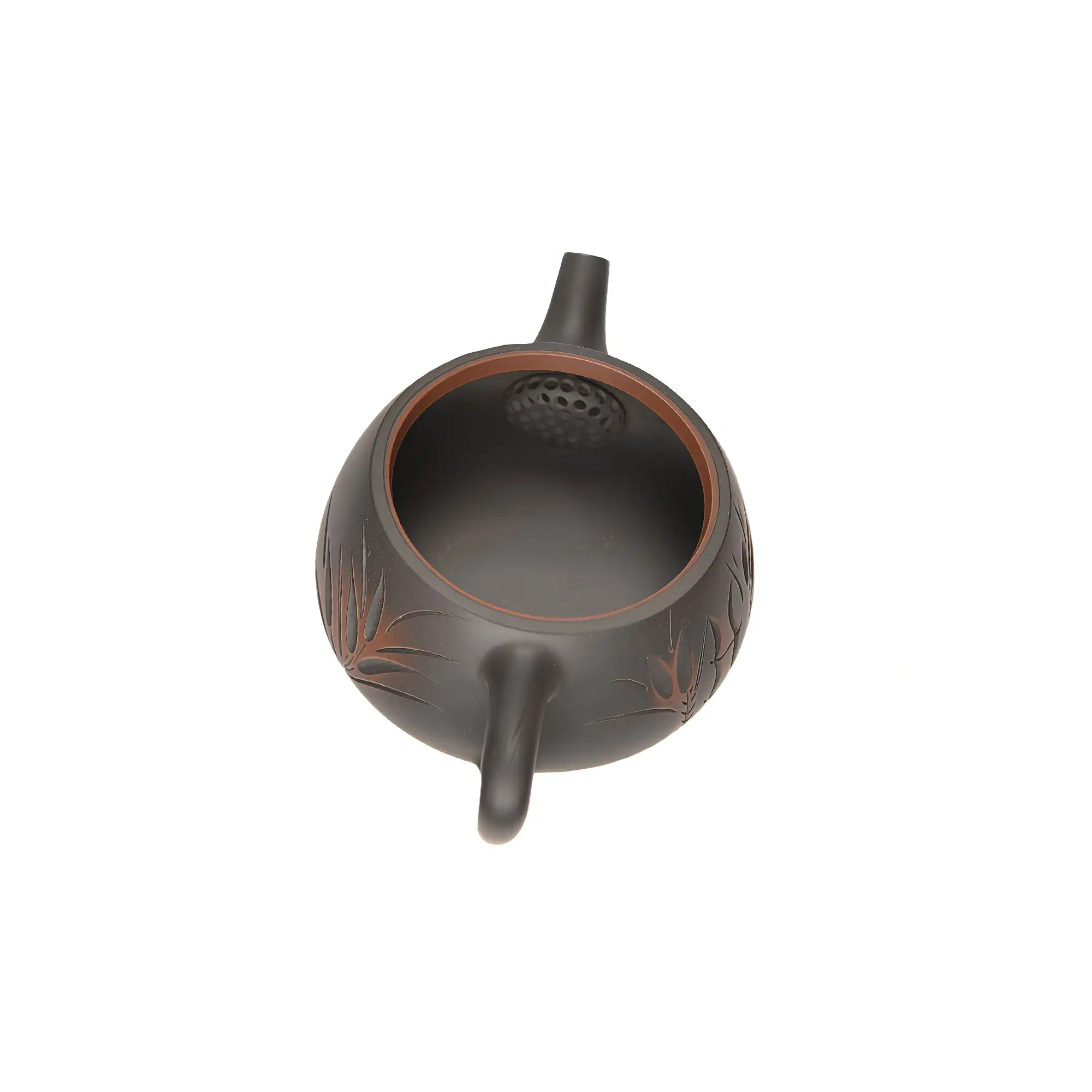 Open view of clay teapot No.8 showing natural clay interior and pouring structure