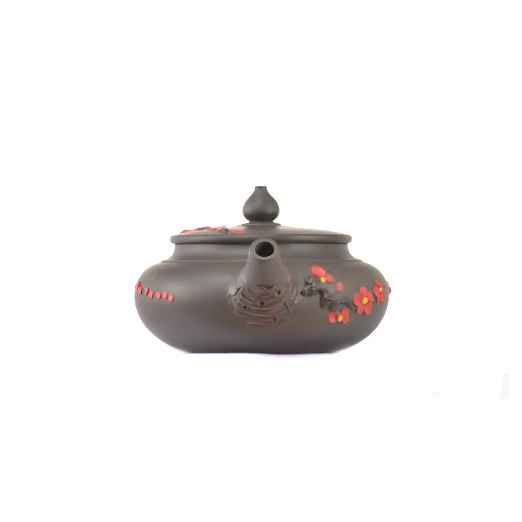 Handcrafted clay teapot No.19 featuring plum blossom root-art detailing and unglazed finish