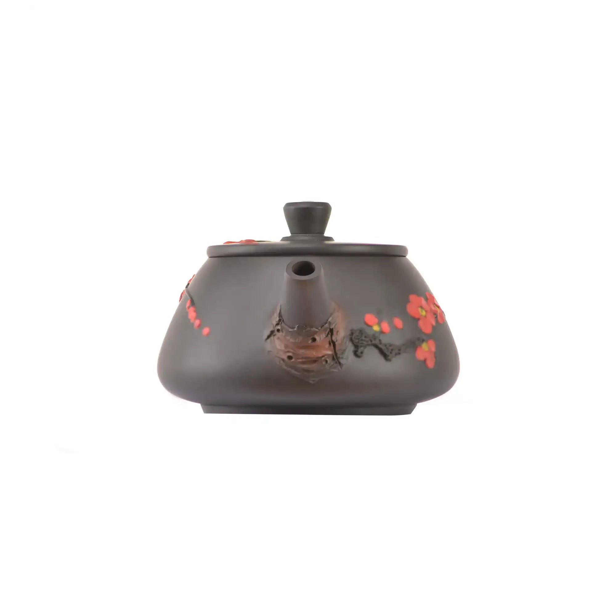 Handcrafted clay teapot No.20 featuring plum blossom root-art detailing and unglazed finish