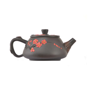 Alternate side view of clay teapot No.20 with handcrafted plum root-art decoration