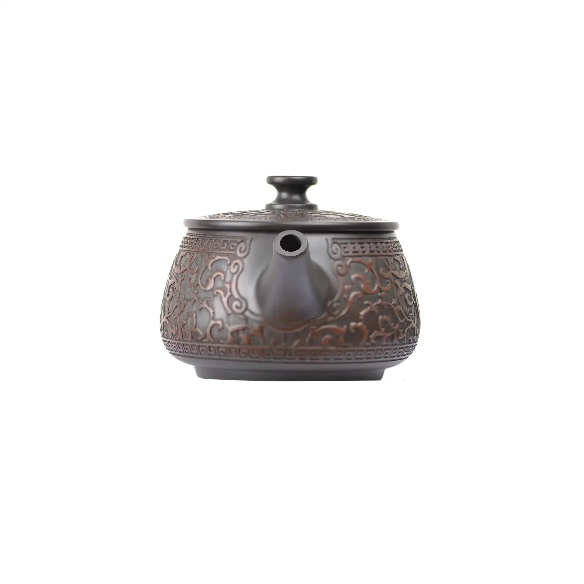 Front view of PorSva No.36 Hanwa Fu character clay teapot, machine-carved design style 1