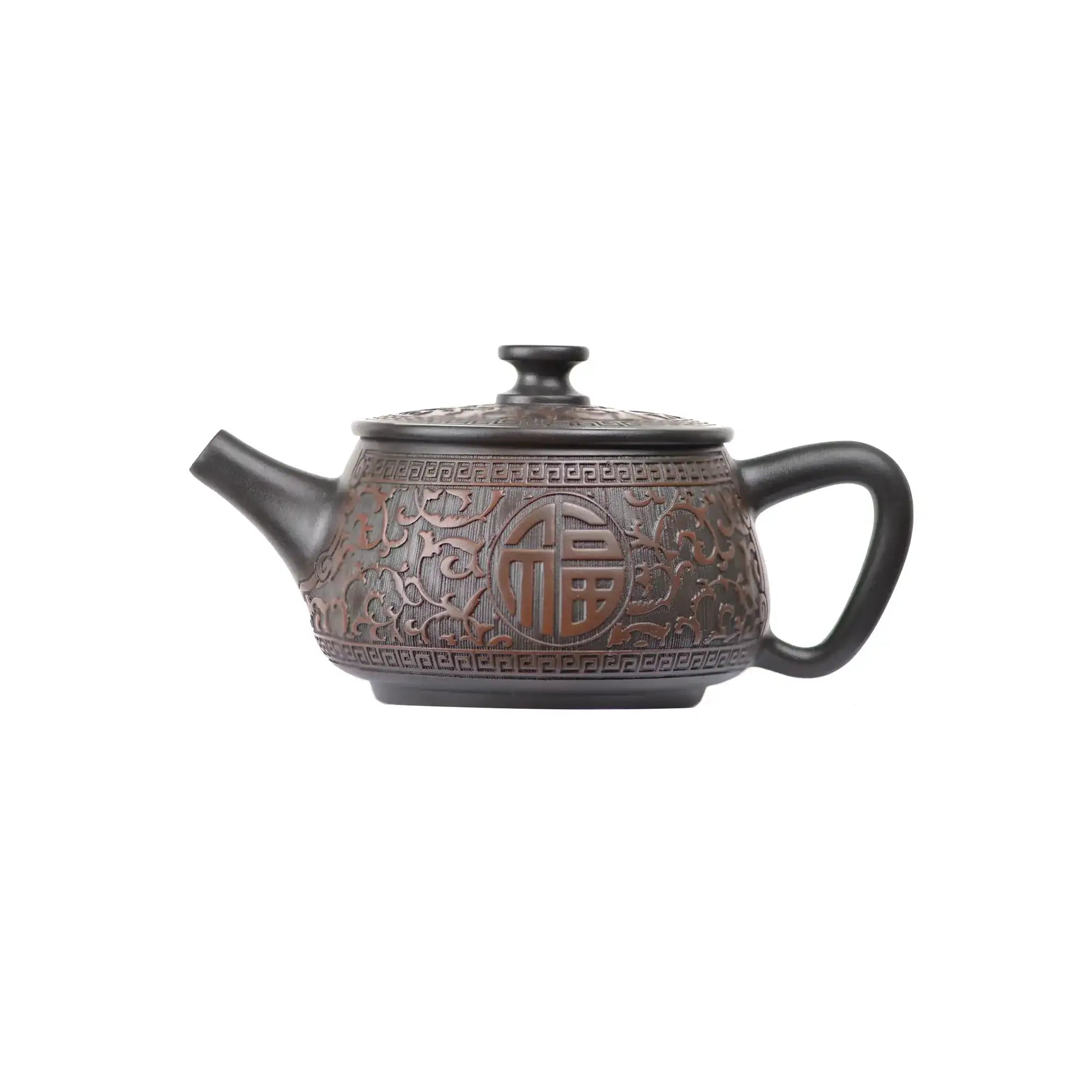 Left side view of PorSva No.36 Hanwa clay teapot featuring carved Chinese Fu character symbolizing good fortune