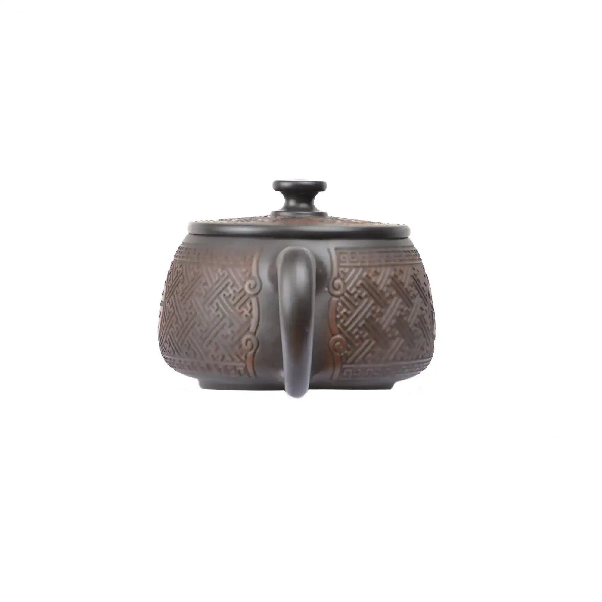 Back view of PorSva No.37 Hanwa clay teapot highlighting smooth surface and balanced silhouette