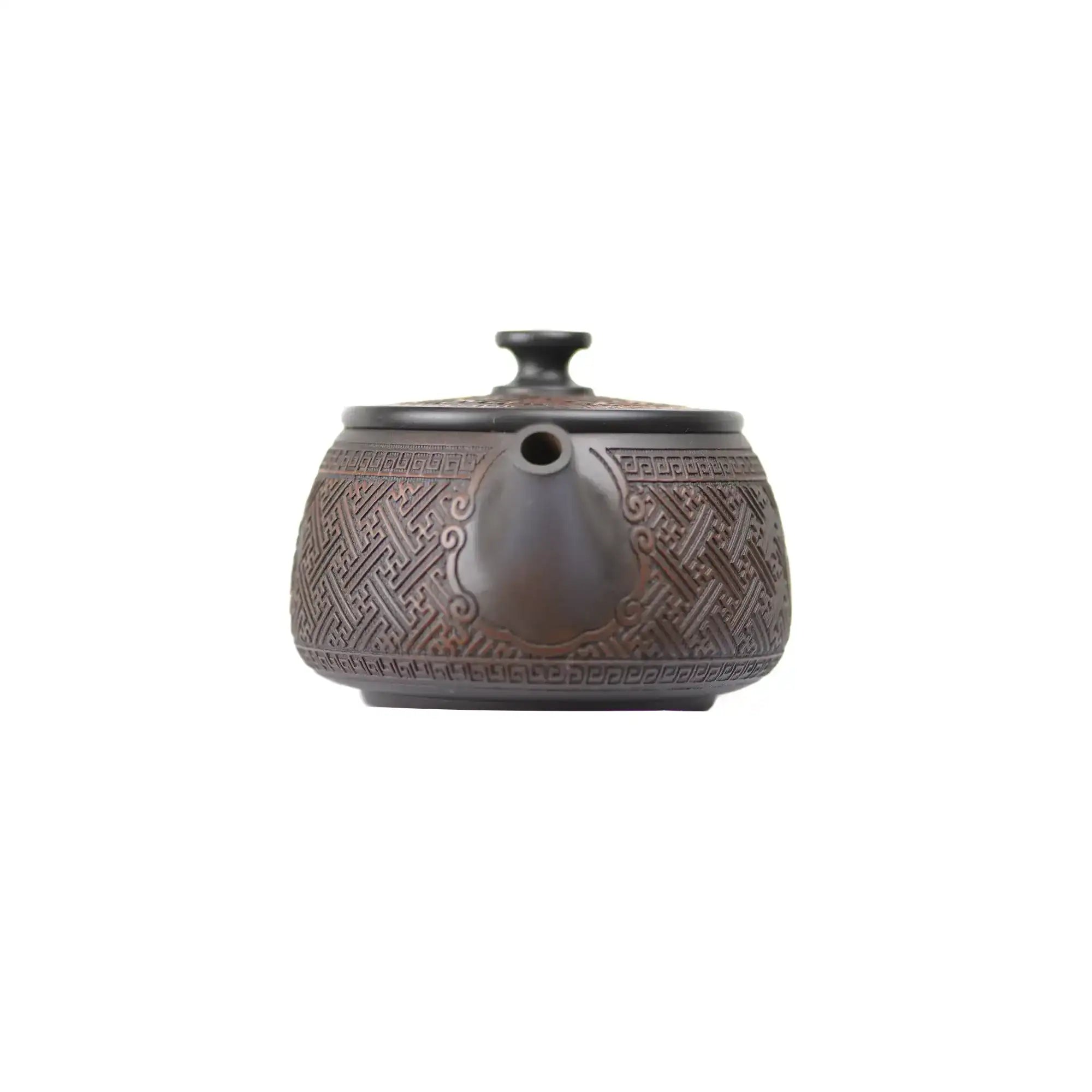 Front view of PorSva No.37 Hanwa Fu character clay teapot, machine-carved design style 2