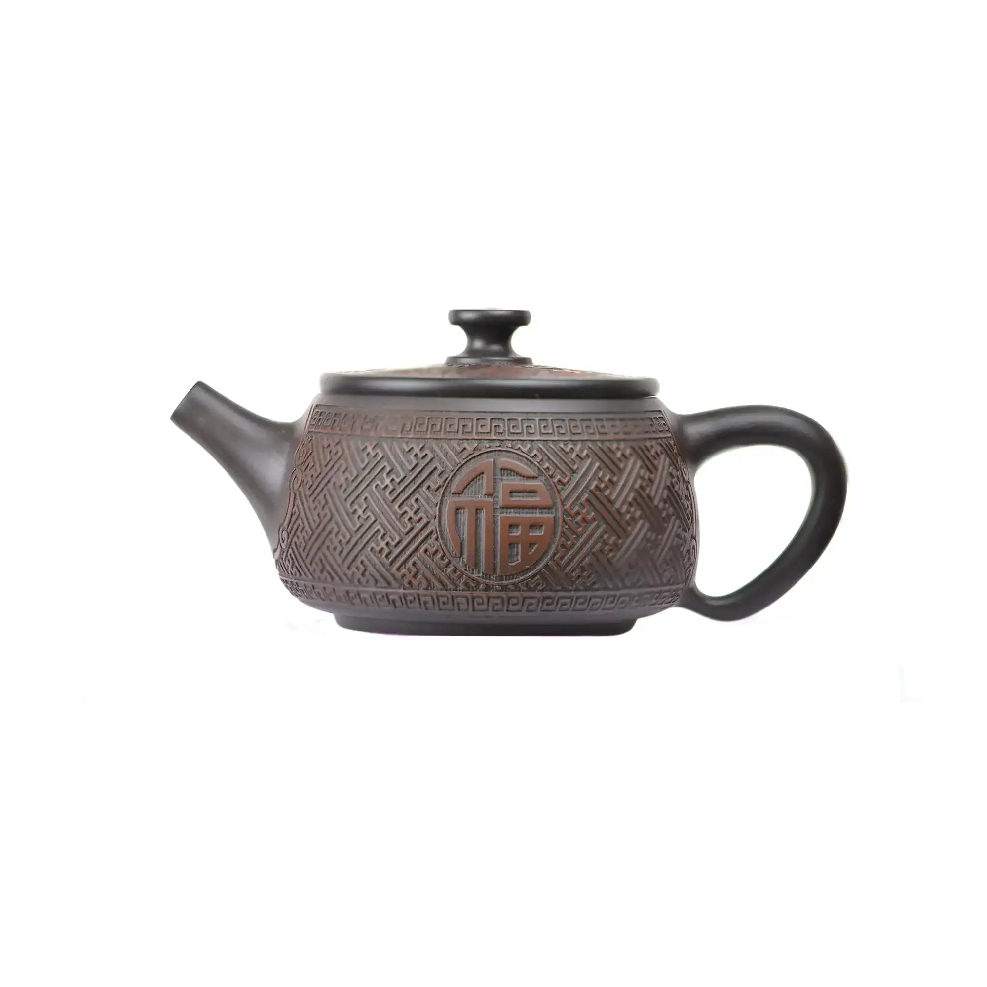 Left side view of PorSva No.37 Hanwa clay teapot featuring engraved Chinese Fu character symbolizing good fortune