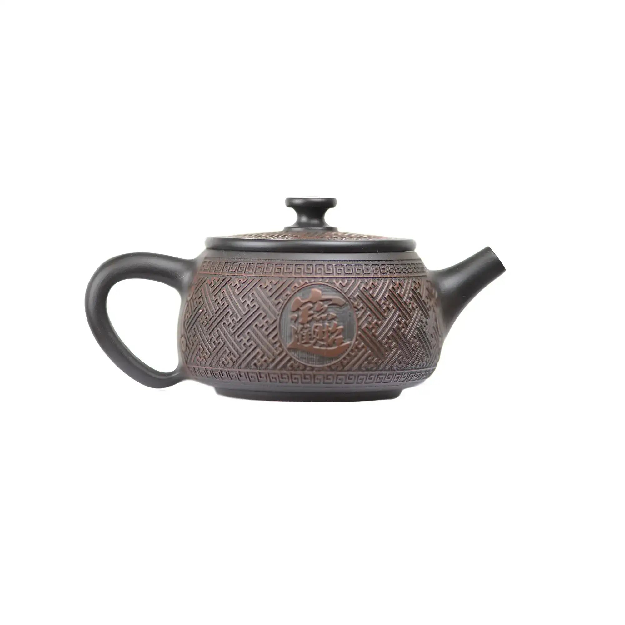 Right side view of PorSva No.37 Hanwa Fu character clay teapot showing clean machine-carved detail and structured form