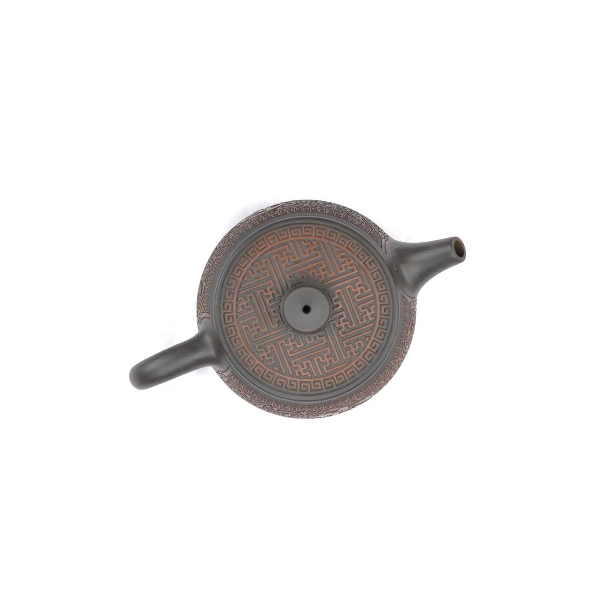 Top view of PorSva No.37 Hanwa Fu character clay teapot showing lid structure and craftsmanship detail