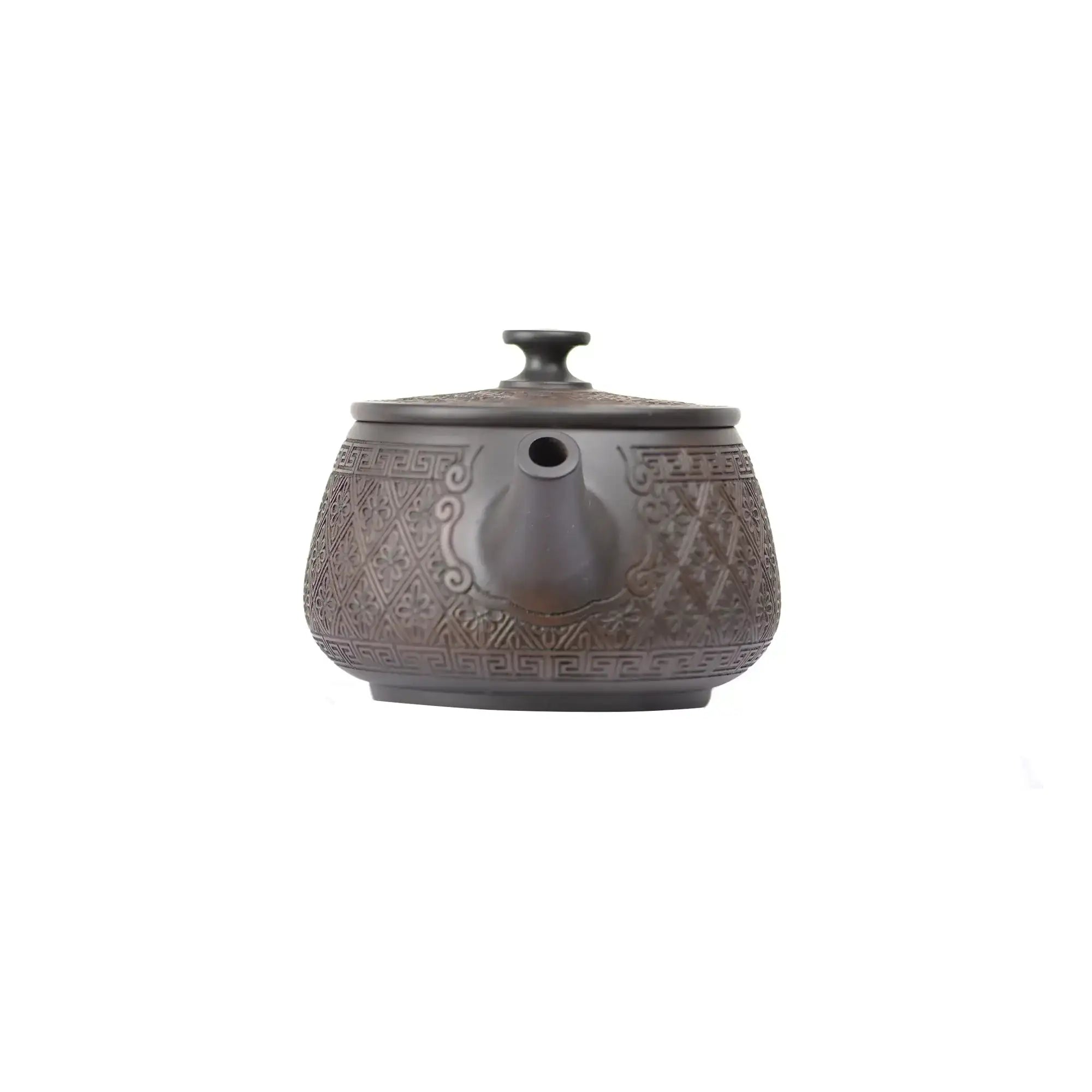 Front view of PorSva No.38 Hanwa pattern clay teapot, machine-carved design style 3
