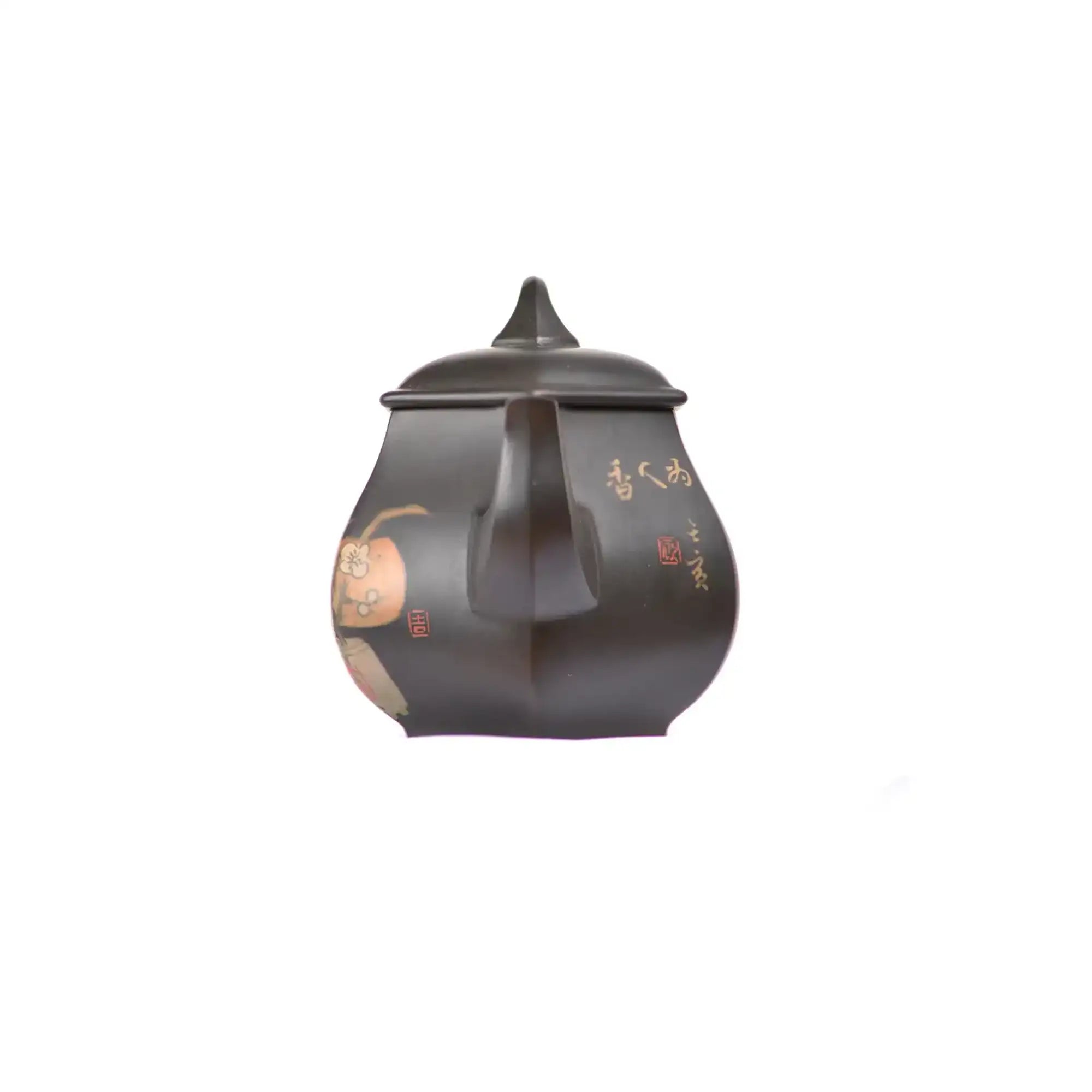 Front view of PorSva No.56 hexagonal clay teapot featuring plant and floral carving with clay inlay