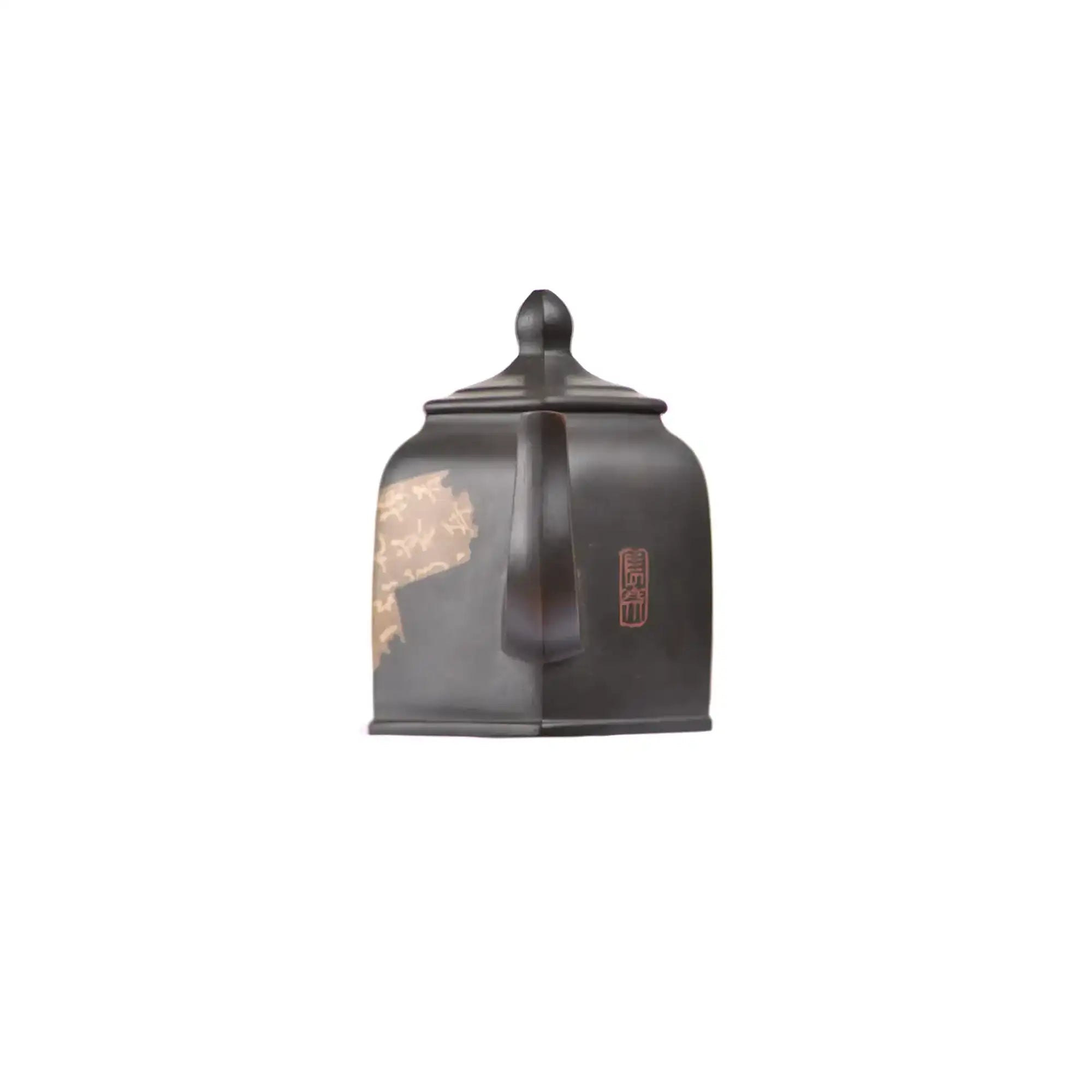 Front view of PorSva No.57 hexagonal clay teapot featuring calligraphy scroll style motif