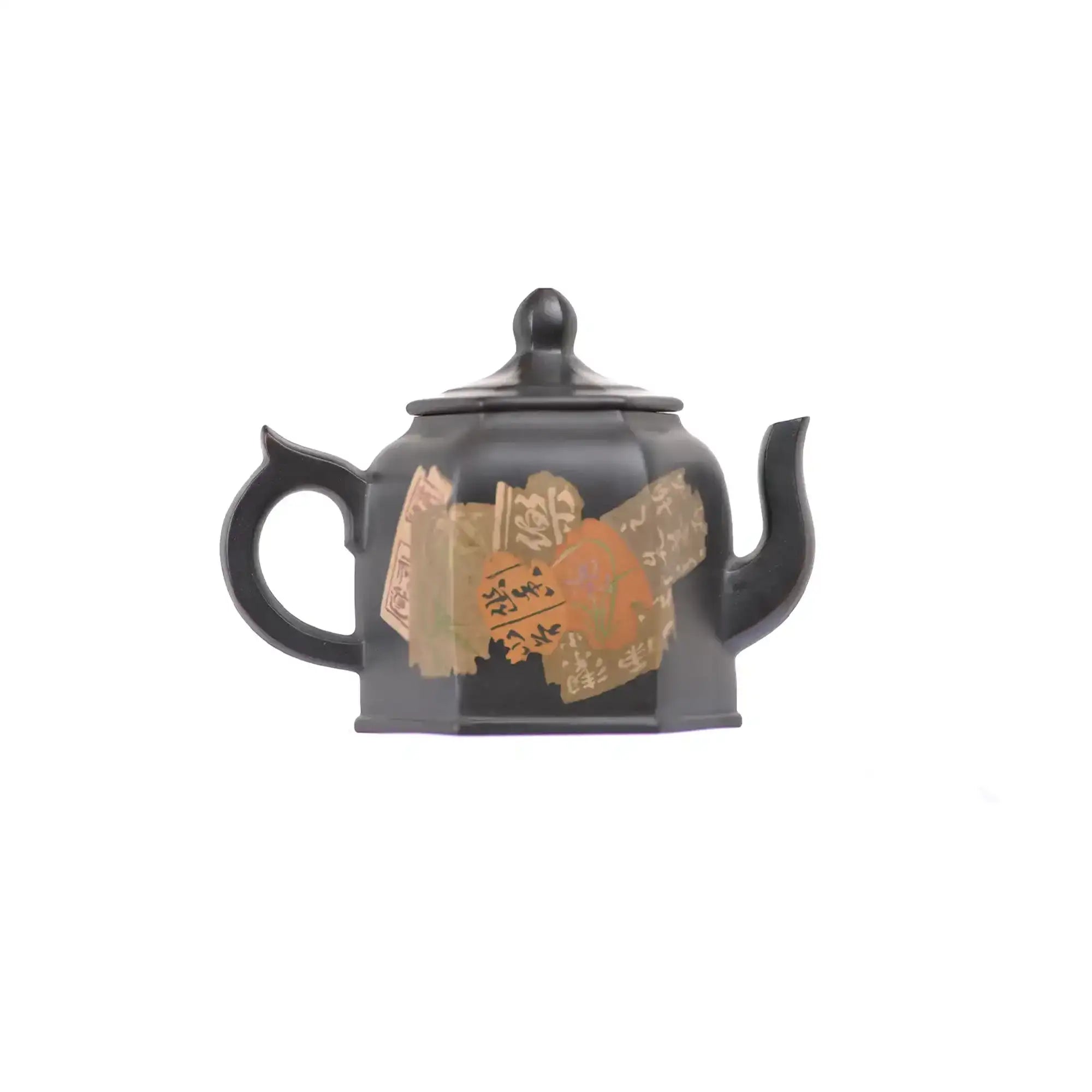 Right side view of PorSva No.57 hexagonal clay teapot showing calligraphy scroll motif