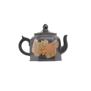 Right side view of PorSva No.57 hexagonal clay teapot showing calligraphy scroll motif