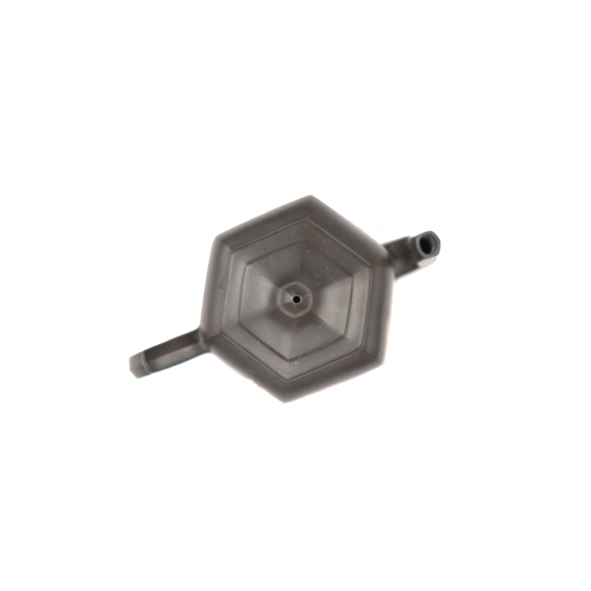 Top view of PorSva No.57 hexagonal clay teapot showing six-sided lid design