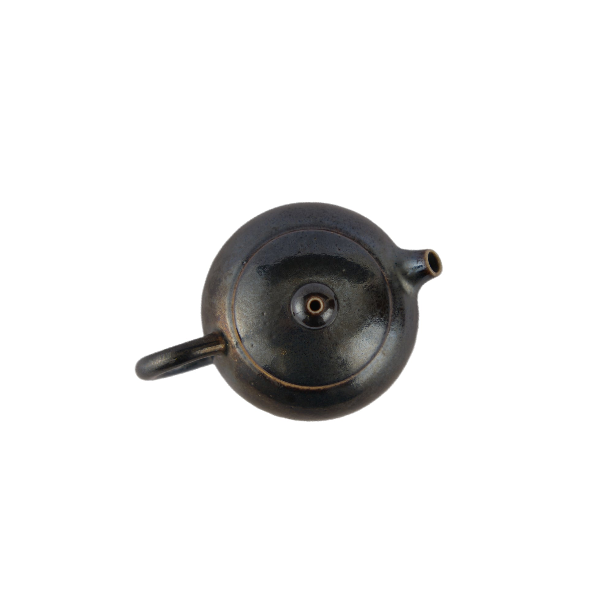 Top view of PorSva No.61 wood-fired  clay teapot showing lid structure and firing texture