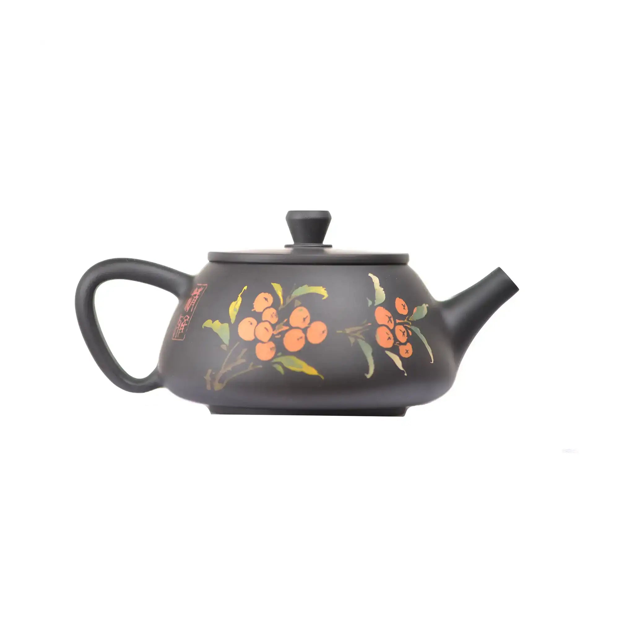 Side view of clay teapot No.27 showing persimmon inlay design