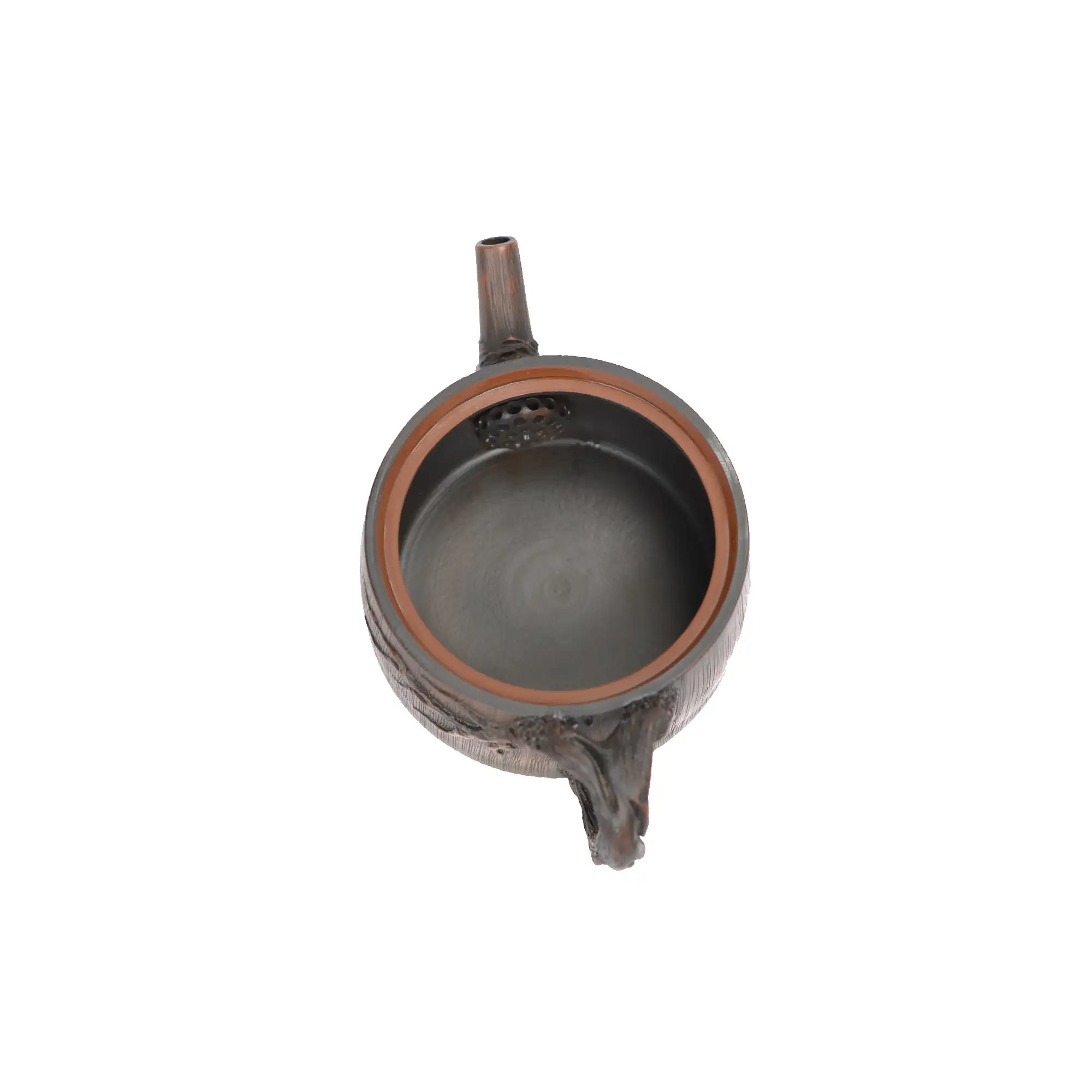 Interior view of PorSva No.53 clay root-style teapot showing natural unglazed interior