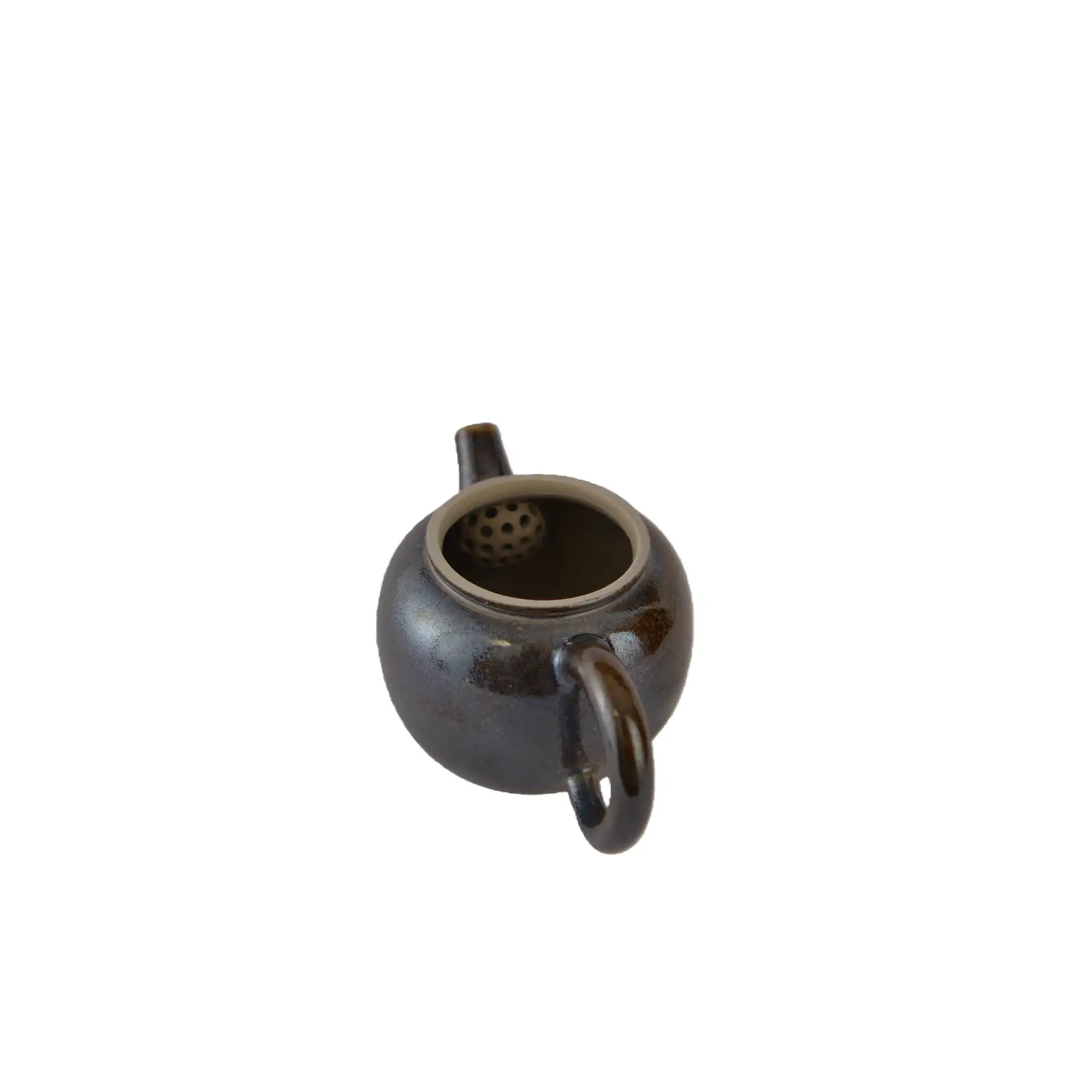 Top view of PorSva No.65 wood-fired clay teapot showing lid structure and firing texture