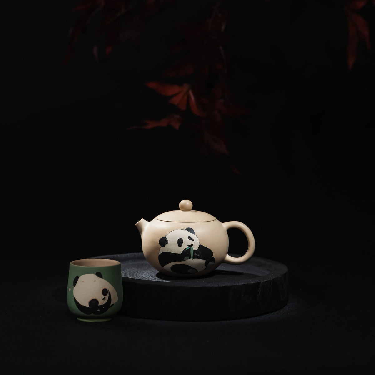 Handmade Jianshui panda inlay tea set with teapot and matching cup