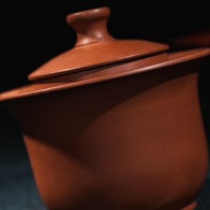 Close view of smooth unglazed Jianshui red clay teapot