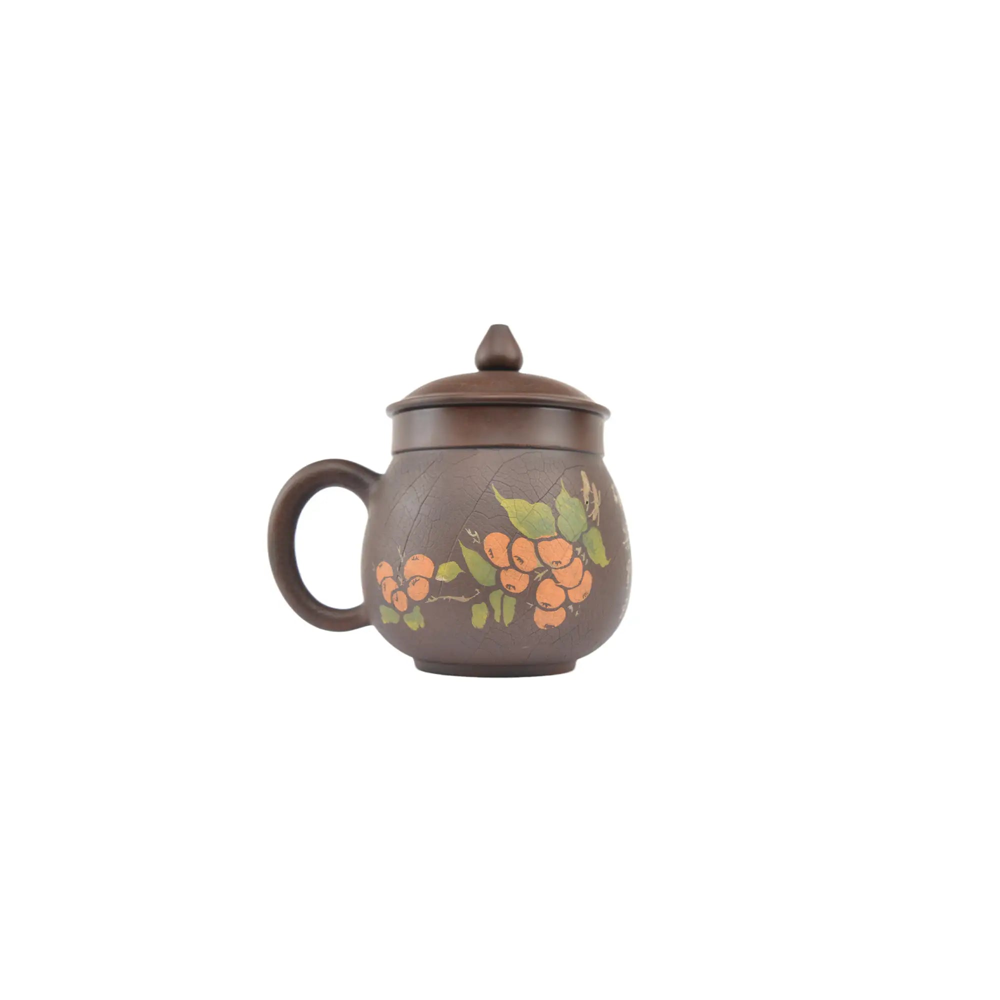 Handmade Jianshui Zitao pottery mug with Yin-carving and Yang-filling, front persimmon motif and Bodhi texture, unglazed clay