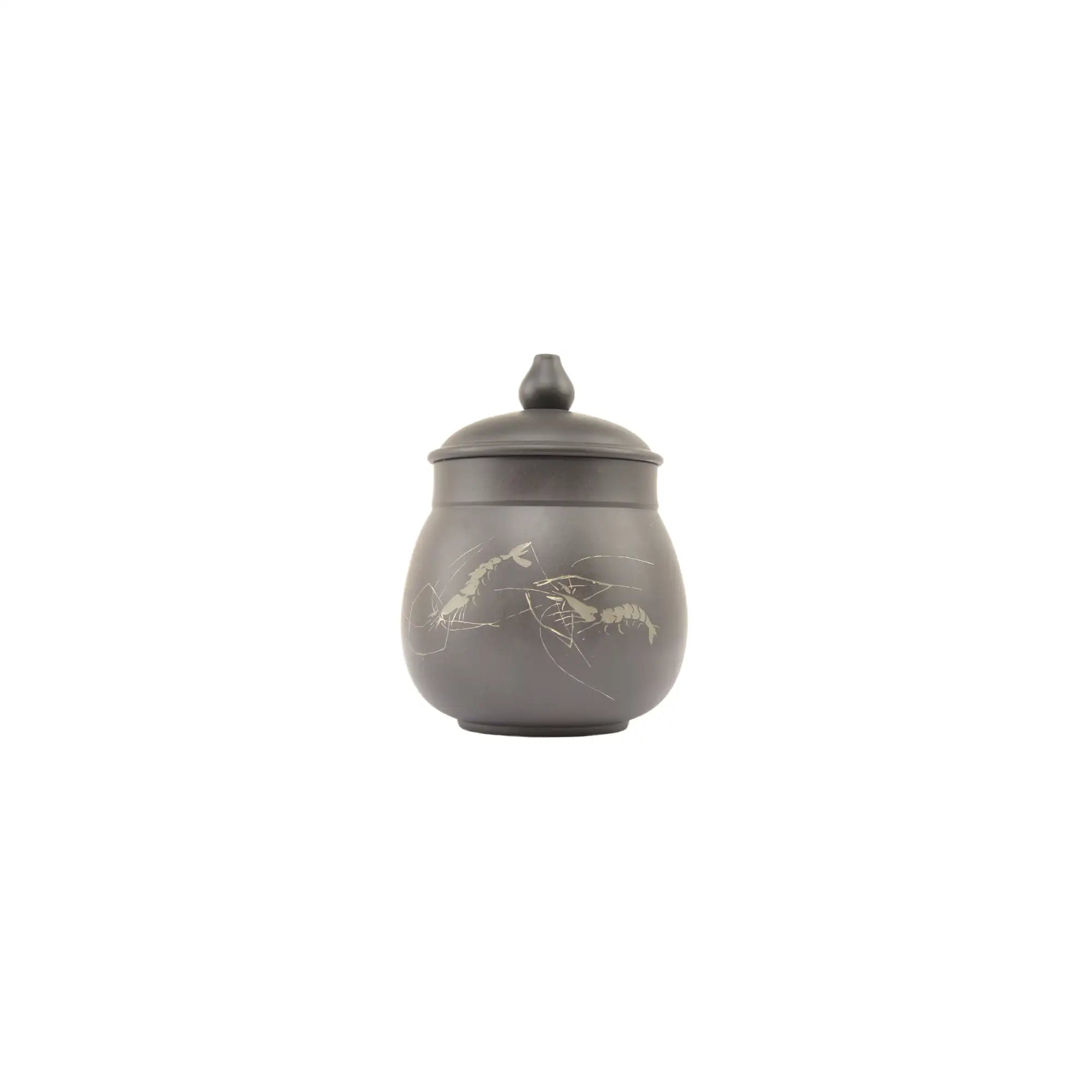 Front view of Jianshui Zitao pottery mug featuring shrimp and calligraphy design, handcrafted Yin-carving and Yang-filling